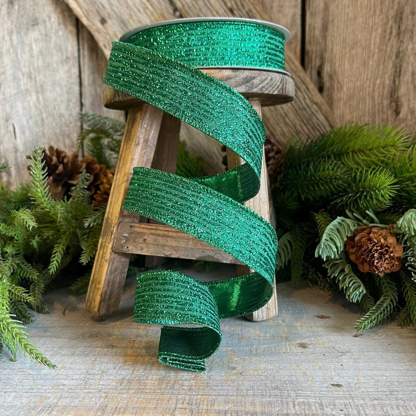 1" Emerald Green Random Stripes Ribbon, Farrisilk ribbon, wired Ribbon