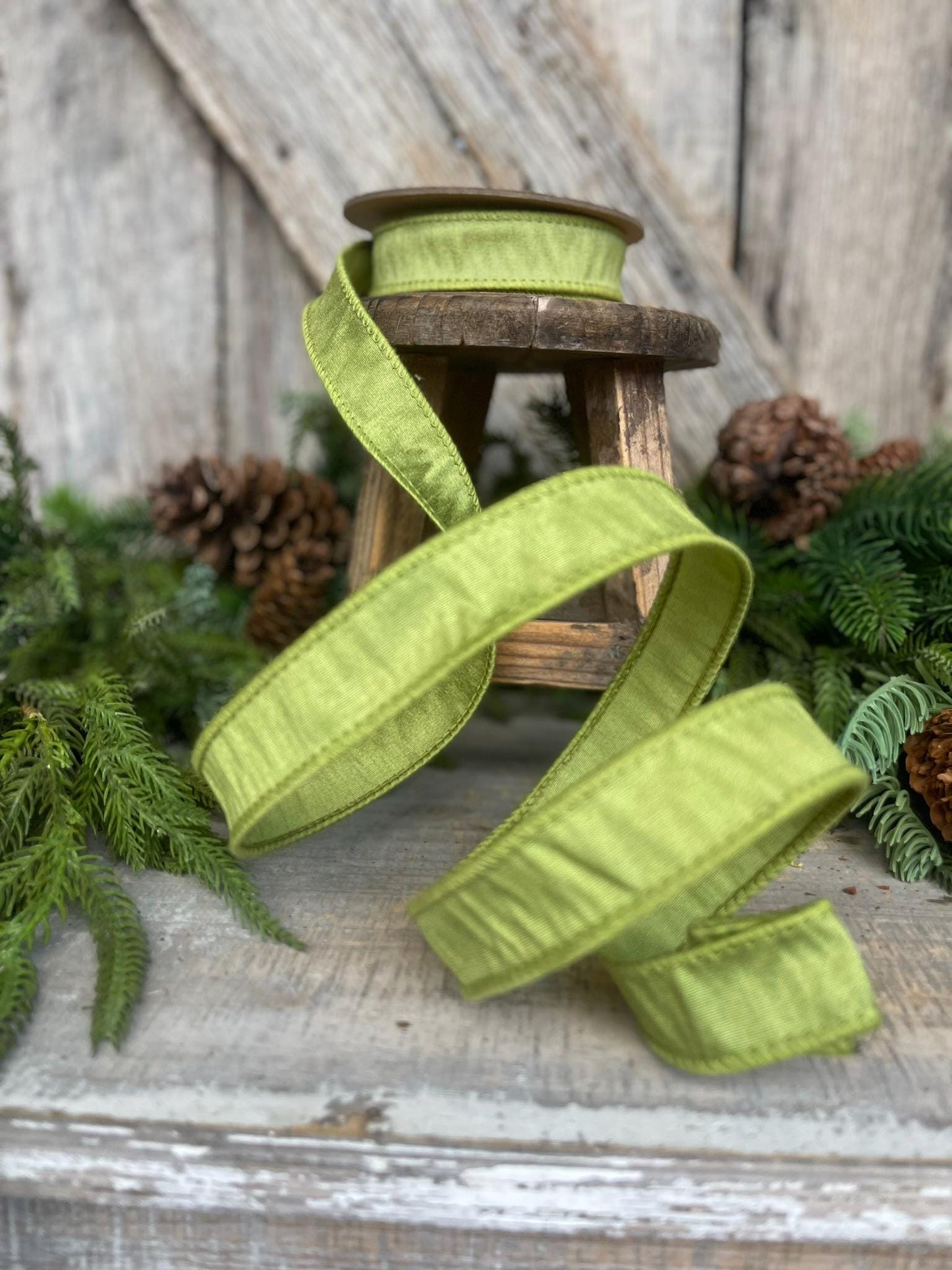 1" Moss Green Ribbon, Wired RIbbon, CHristmas RIbbon