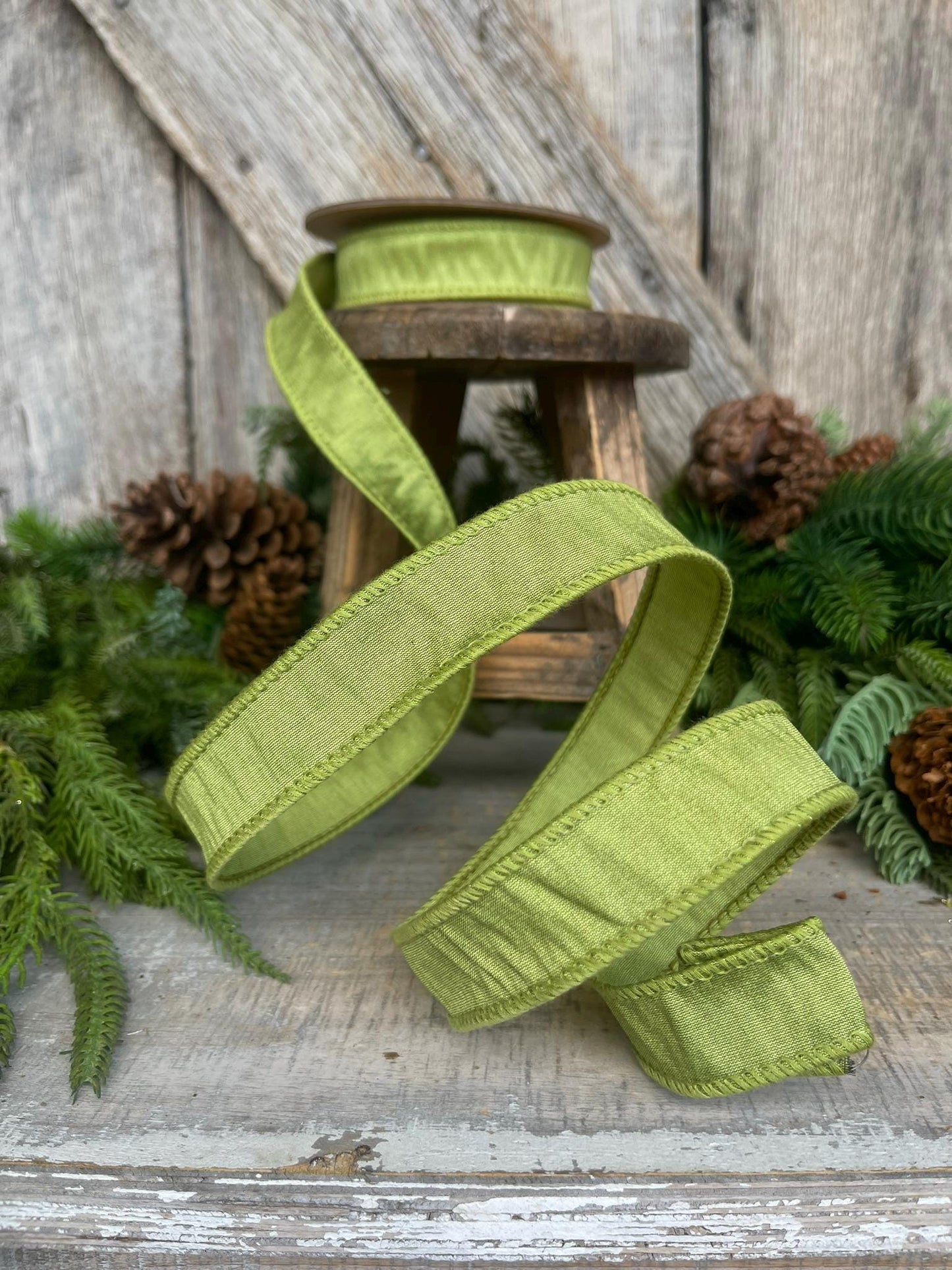 1" Moss Green Ribbon, Wired RIbbon, CHristmas RIbbon