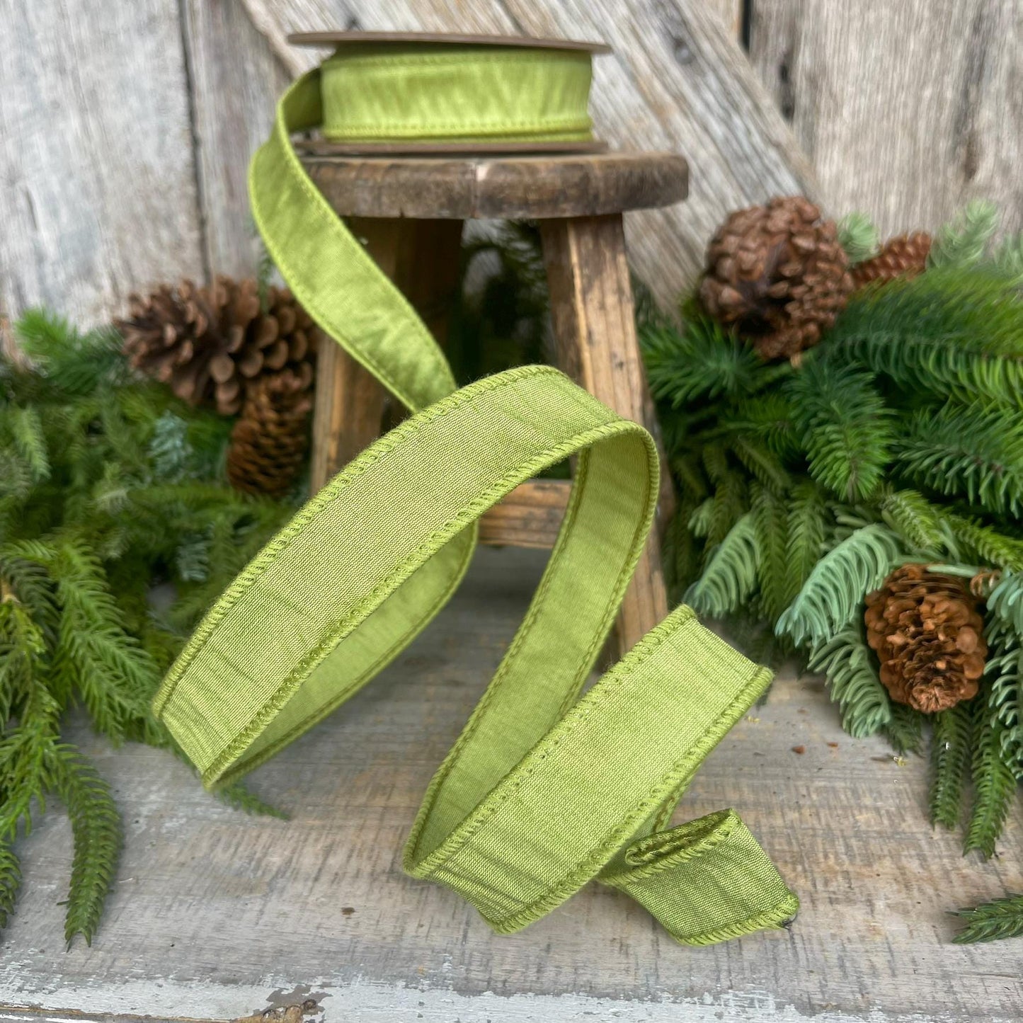 1" Moss Green Ribbon, Wired RIbbon, CHristmas RIbbon