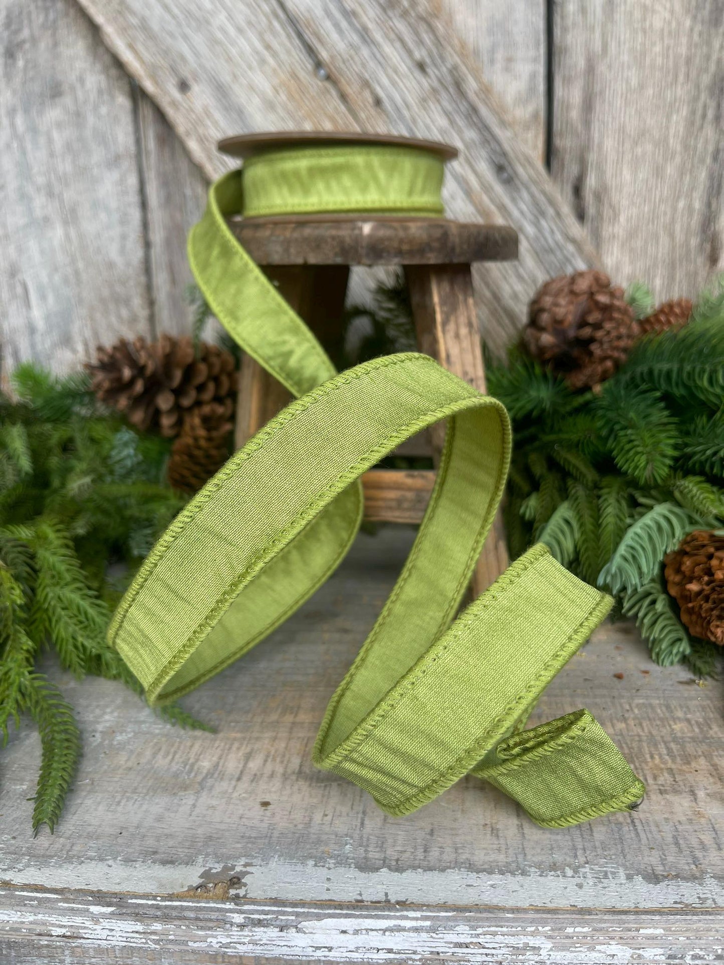 1" Moss Green Ribbon, Wired RIbbon, CHristmas RIbbon