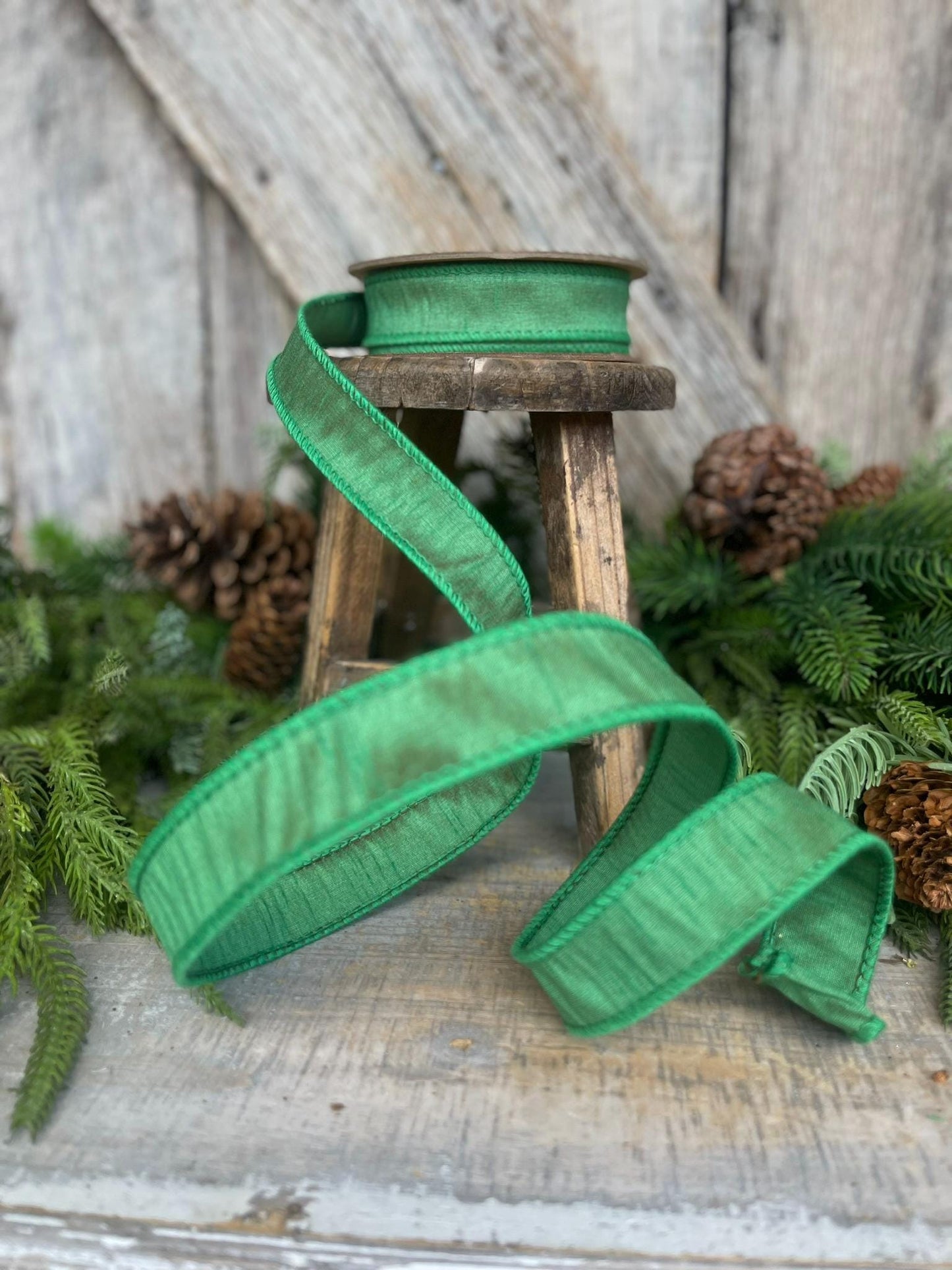 1" Emerald Green Dupioni Ribbon, Wired Ribbon, Narrow Ribbon