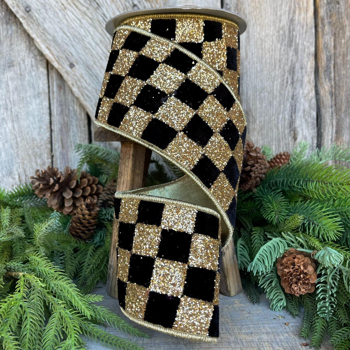 4" Black and Gold Chunky Glitter Checks, Christmas Tree Ribbon, Black and Gold Ribbon