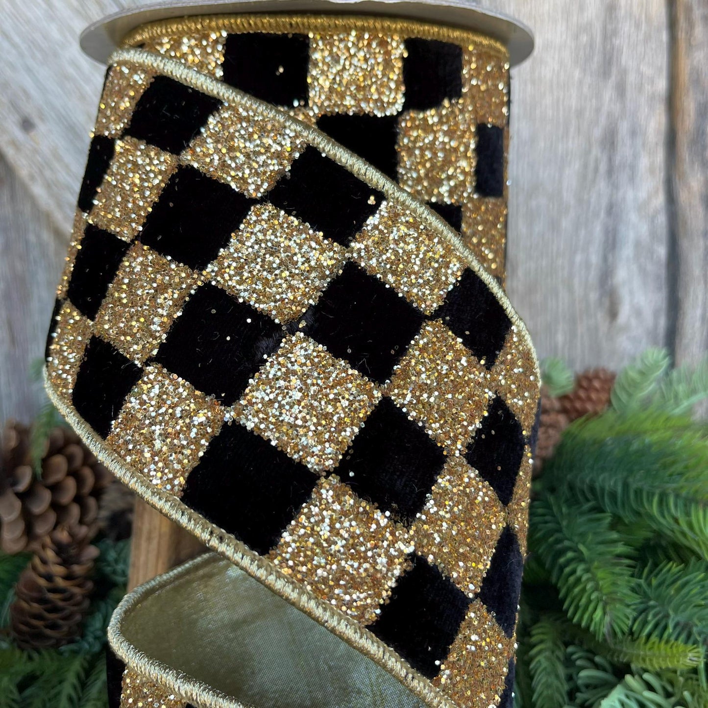 4" Black and Gold Chunky Glitter Checks, Christmas Tree Ribbon, Black and Gold Ribbon