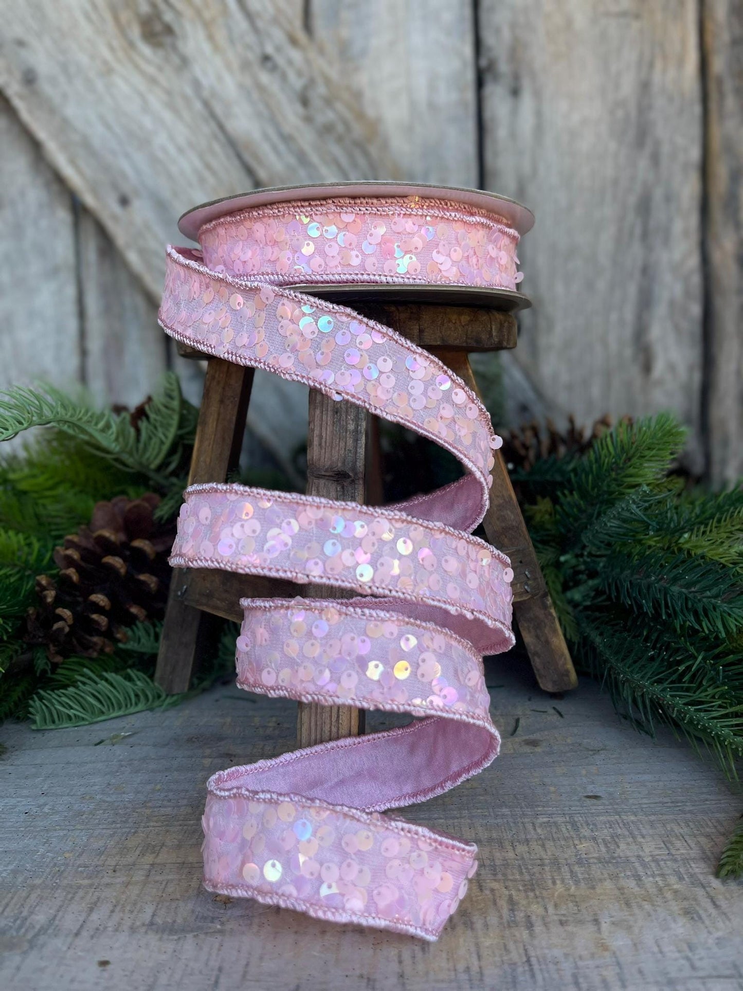 1" Pink Sequin Ribbon, Wired Ribbon