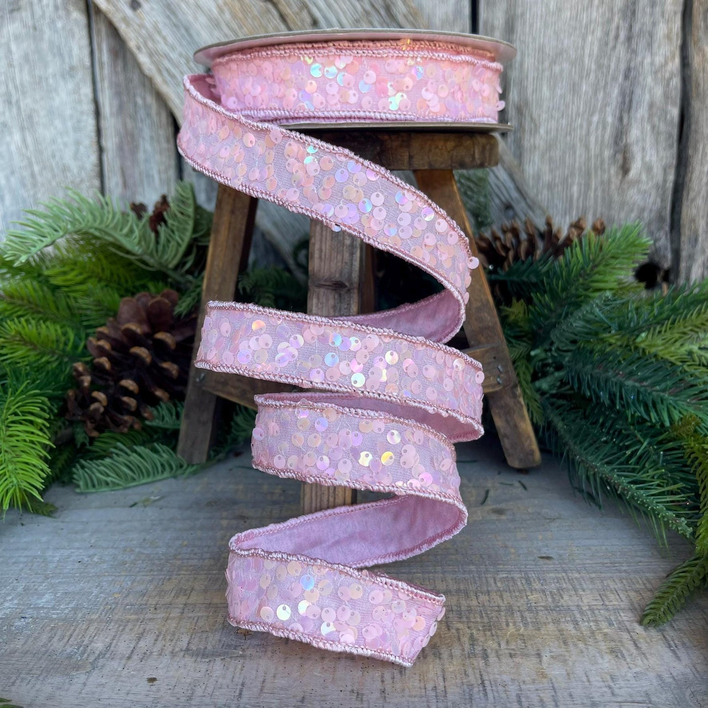 1" Pink Sequin Ribbon, Wired Ribbon