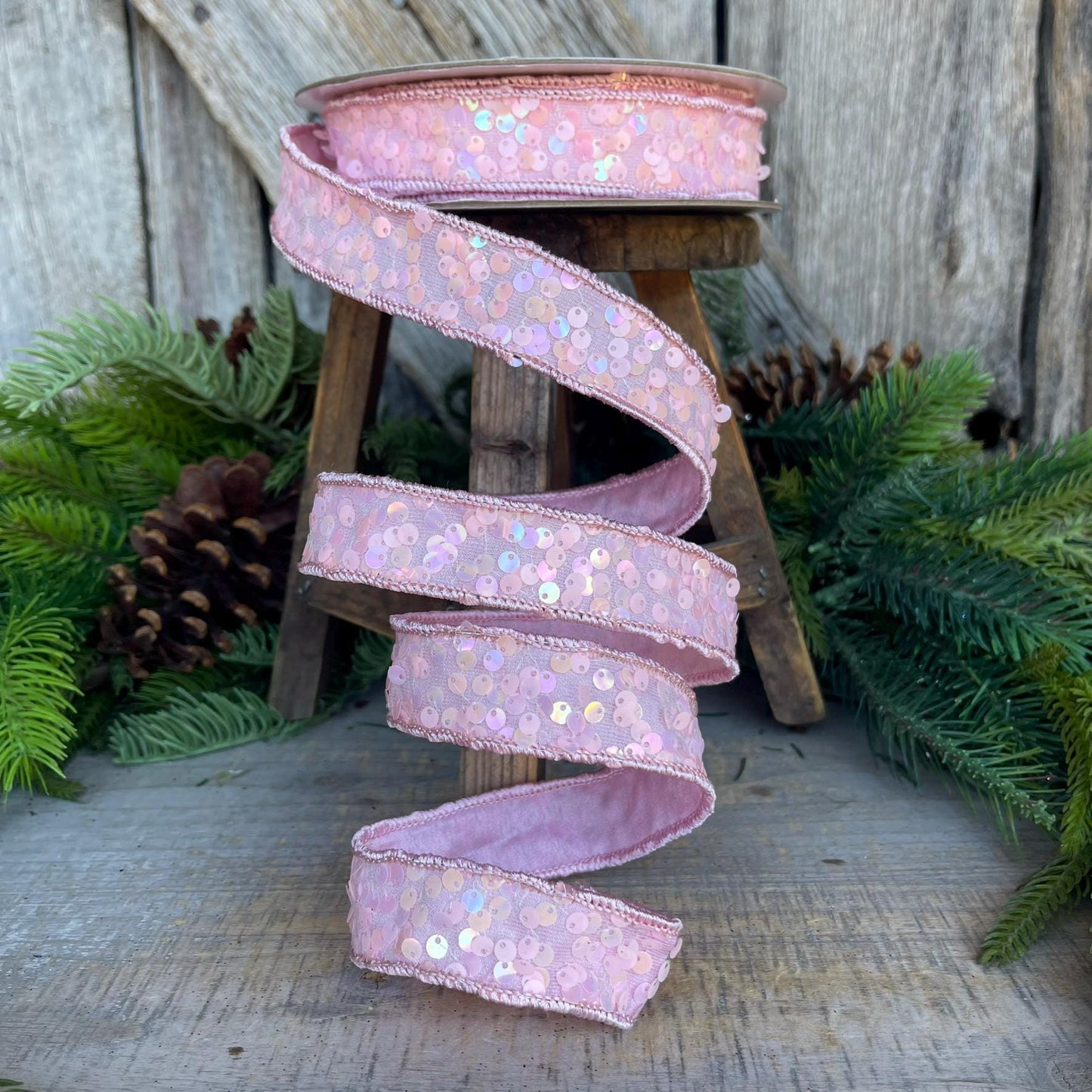 1" Pink Sequin Ribbon, Wired Ribbon