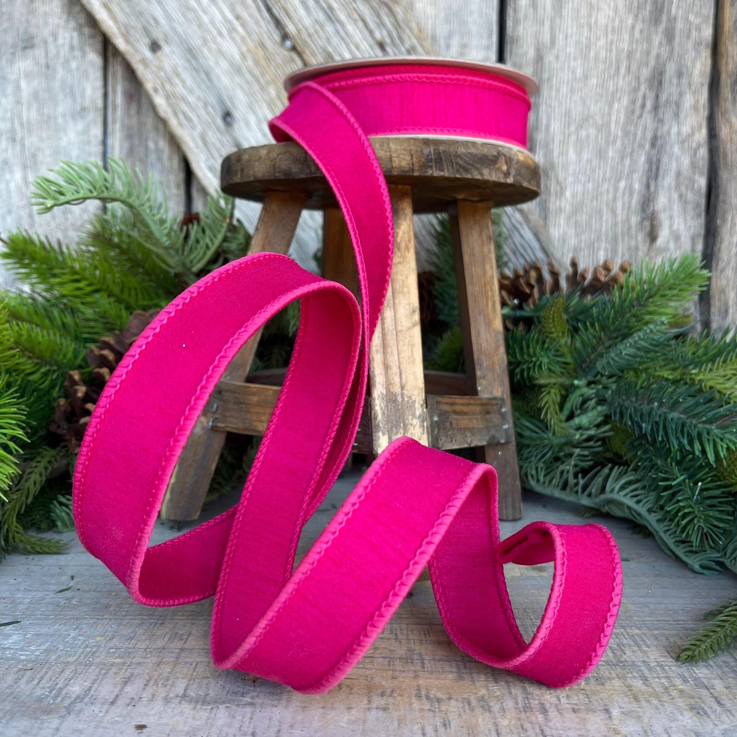 1” Hot Pink Dupion Ribbon, Farrisilk ribbon, wired ribbon