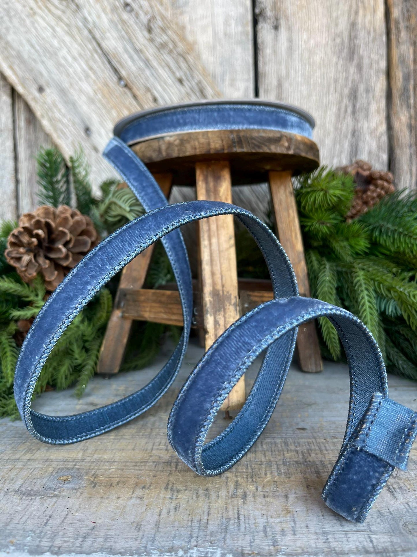 Farrisilk 3/4" Steel Blue Velvet Luster, Blue Velvet Ribbon, Muted Blue Ribbon