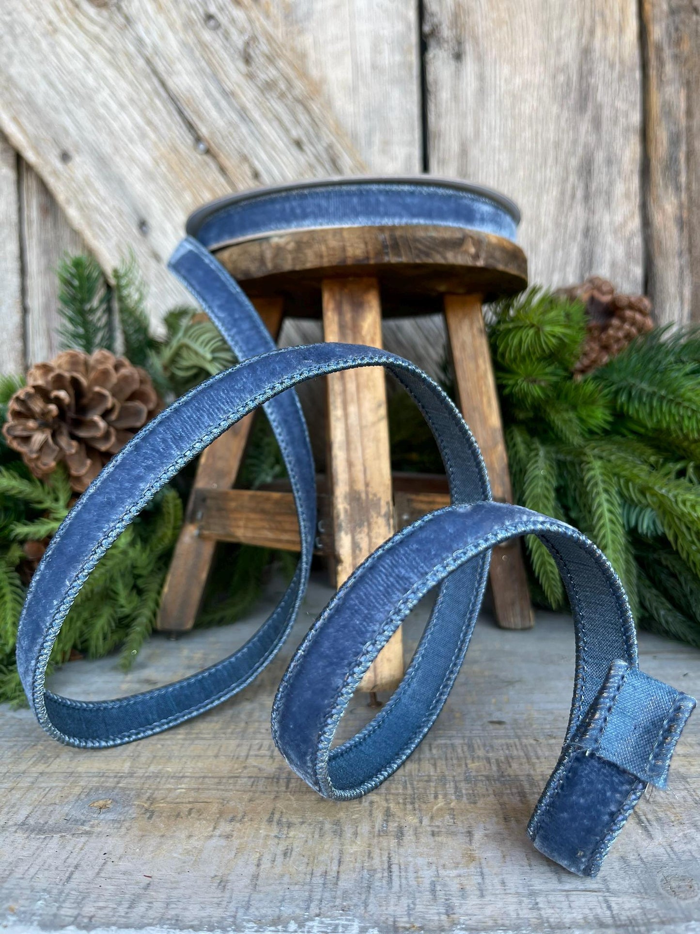 Farrisilk 3/4" Steel Blue Velvet Luster, Blue Velvet Ribbon, Muted Blue Ribbon