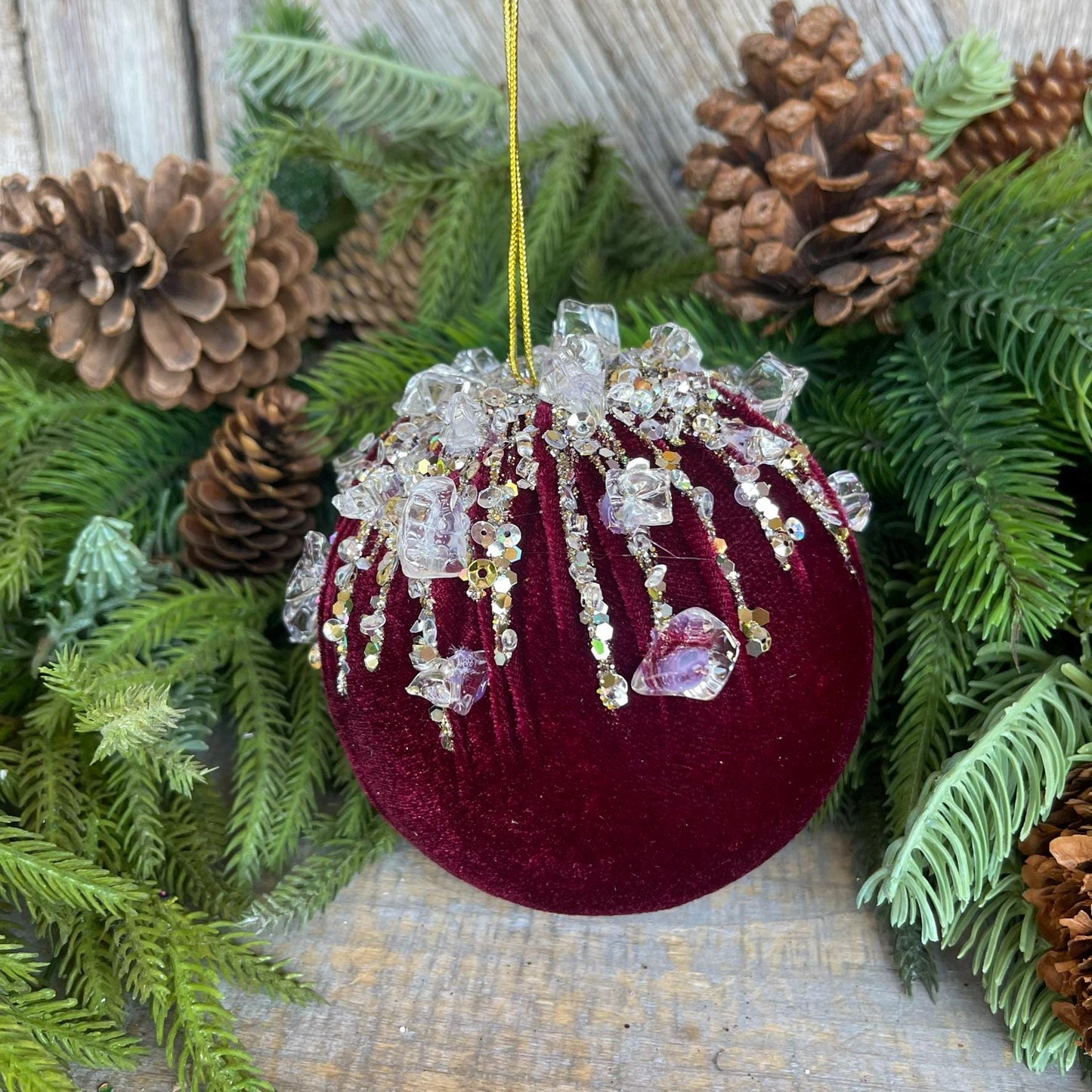 5" Burgundy Velvet Ornament, Burgundy Ornament, Jeweled Velvet Ornament