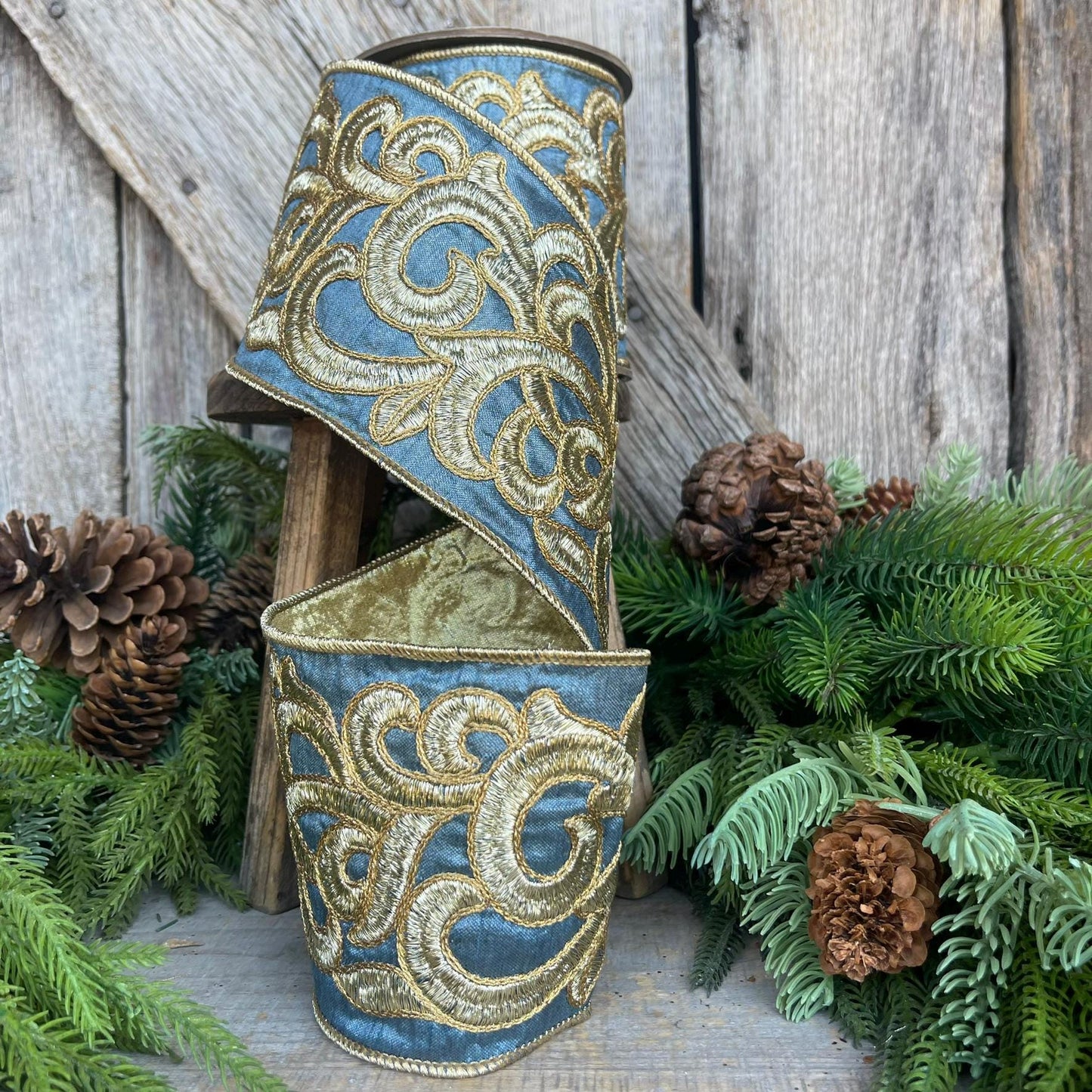 4" Steel Blue Scroll Ribbon, French Blue Scroll Ribbon