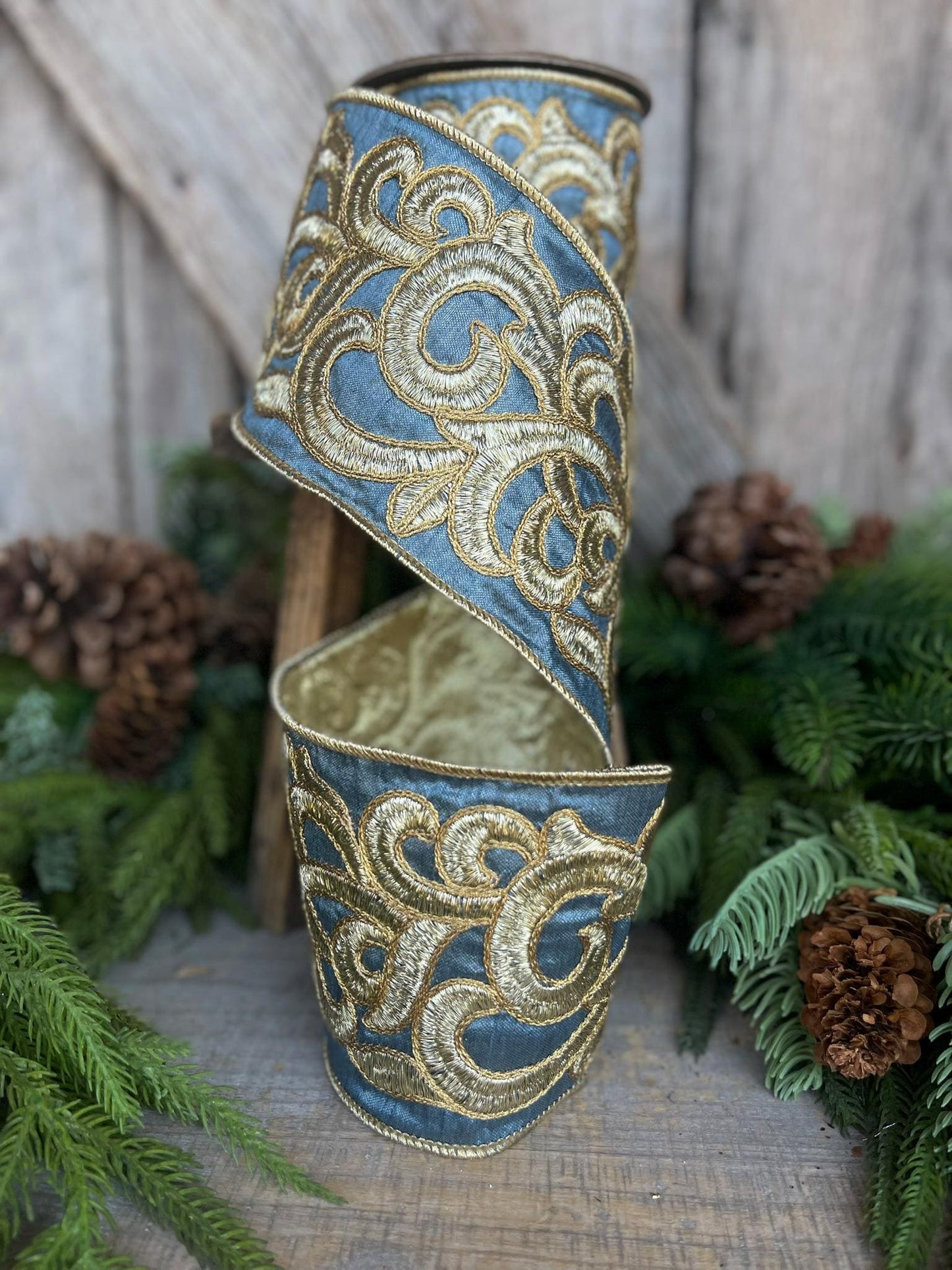 4" Steel Blue Scroll Ribbon, French Blue Scroll Ribbon