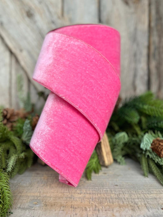 4" Pink Velvet Ribbon, Bubblegum Pink, Wired Velvet Ribbon