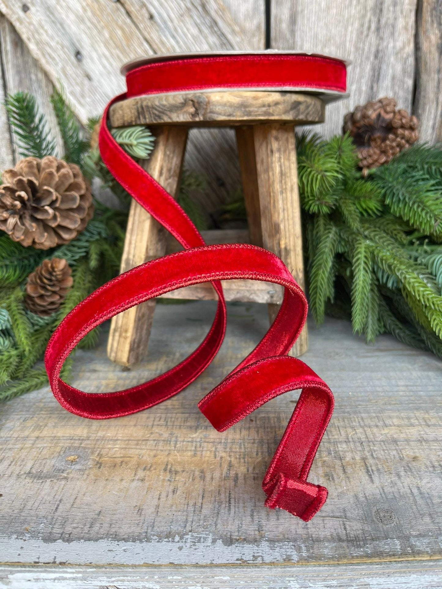 3/4" Red Velvet Luster Wired Ribbon, Farrisilk Ribbon, Velvet Ribbon