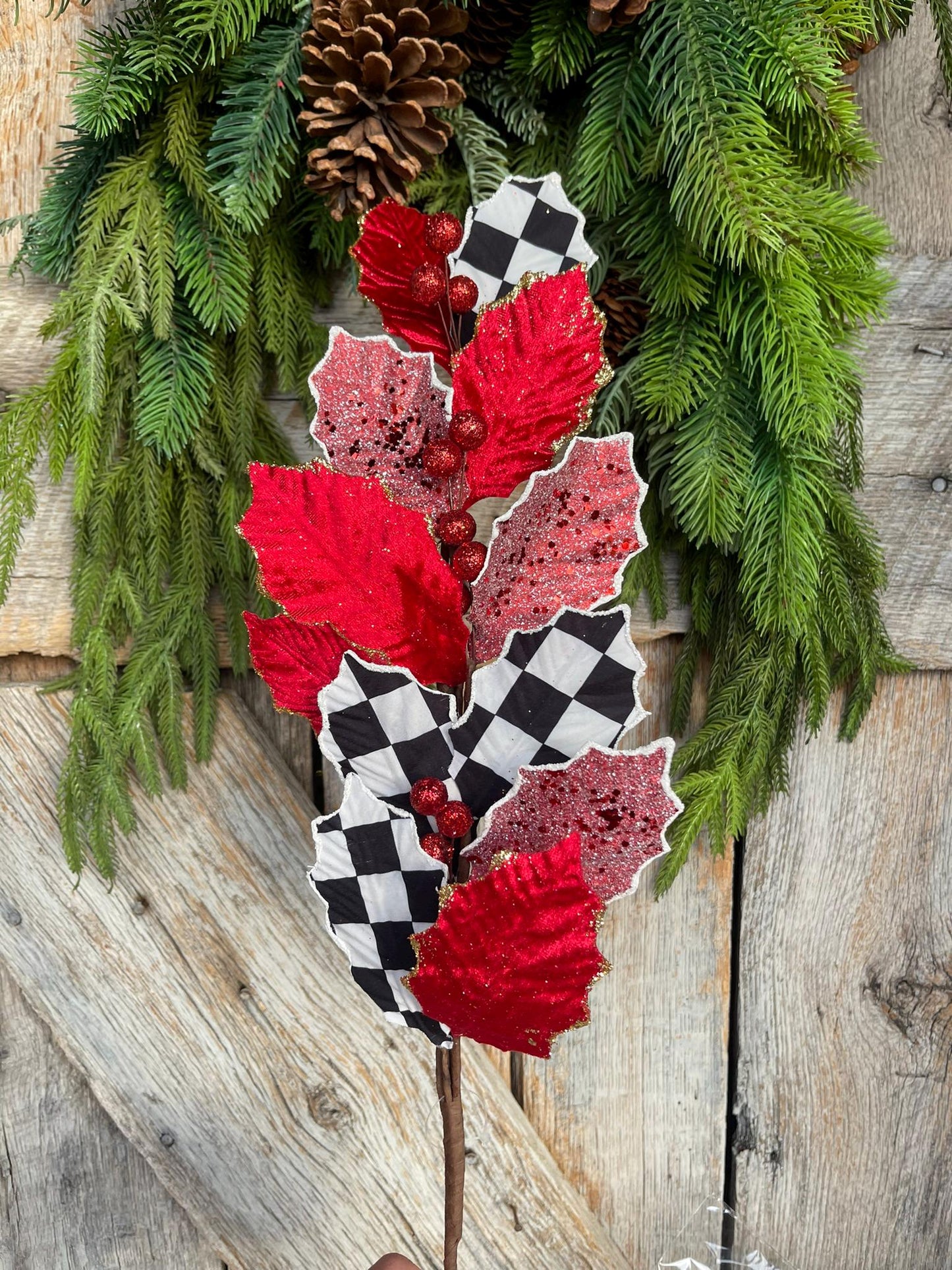 27" Holly Leaf Spray, Black White Check Holly Leaf Spray, Red Holly Leaf Spray