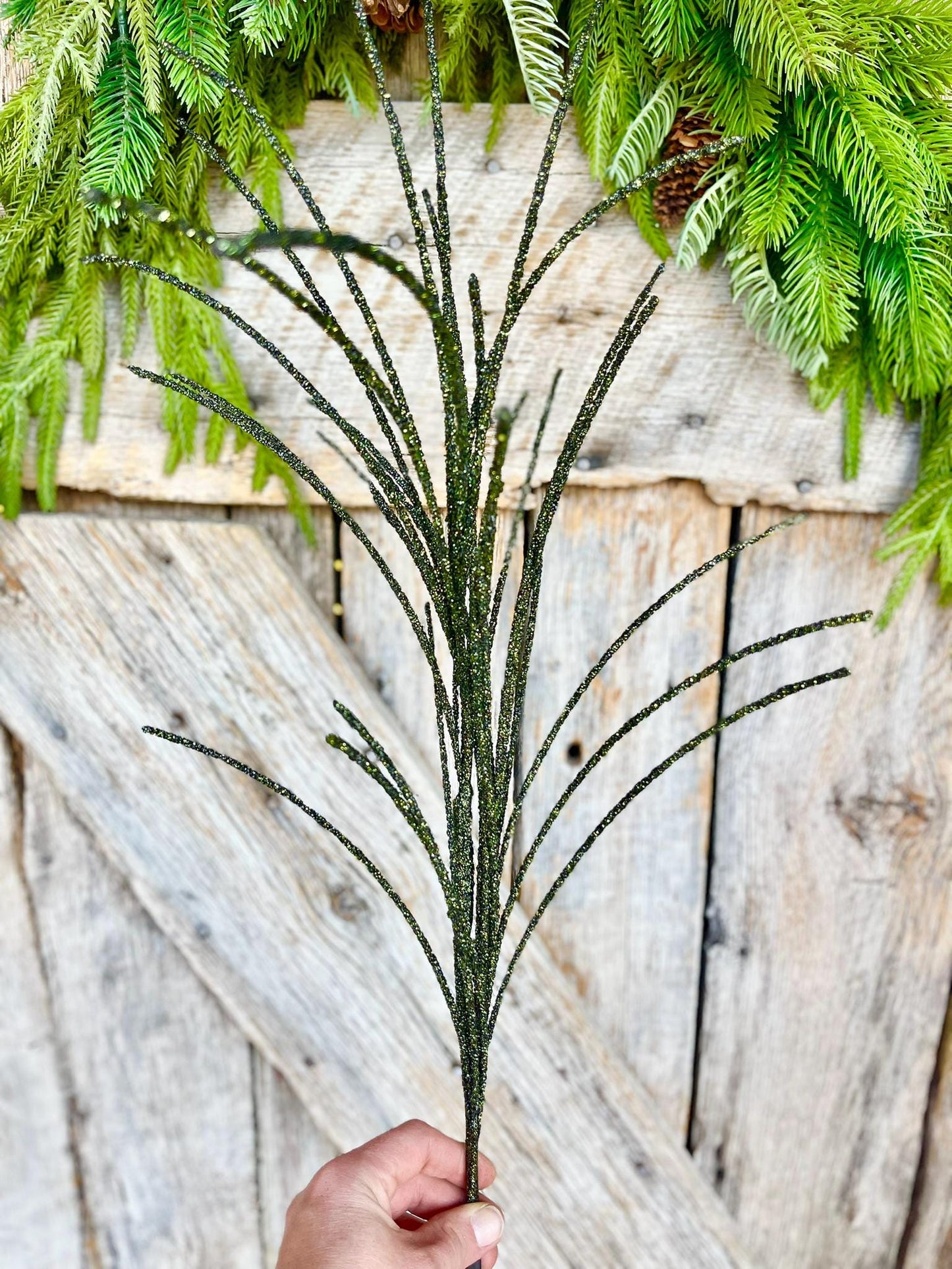 29" Moss Green Glitter Grass Spray, Christmas Spray, Christmas Tree Topper Spray