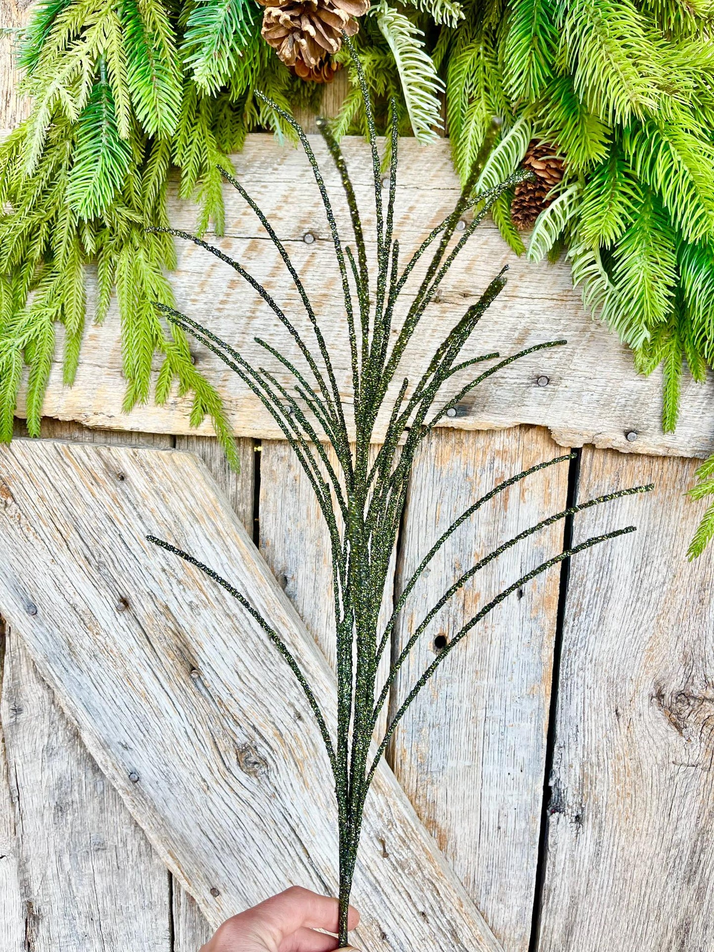 29" Moss Green Glitter Grass Spray, Christmas Spray, Christmas Tree Topper Spray