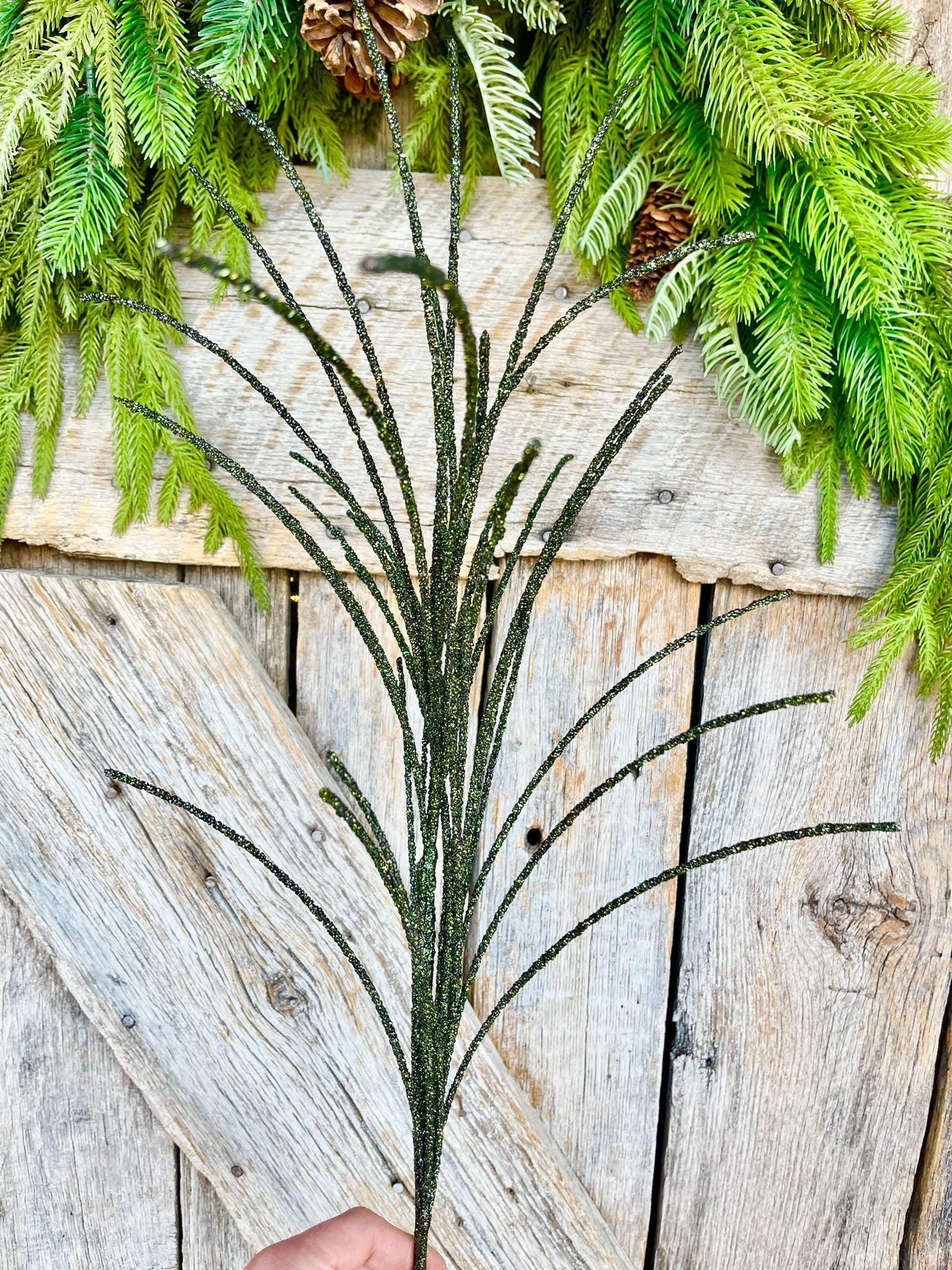 29" Moss Green Glitter Grass Spray, Christmas Spray, Christmas Tree Topper Spray
