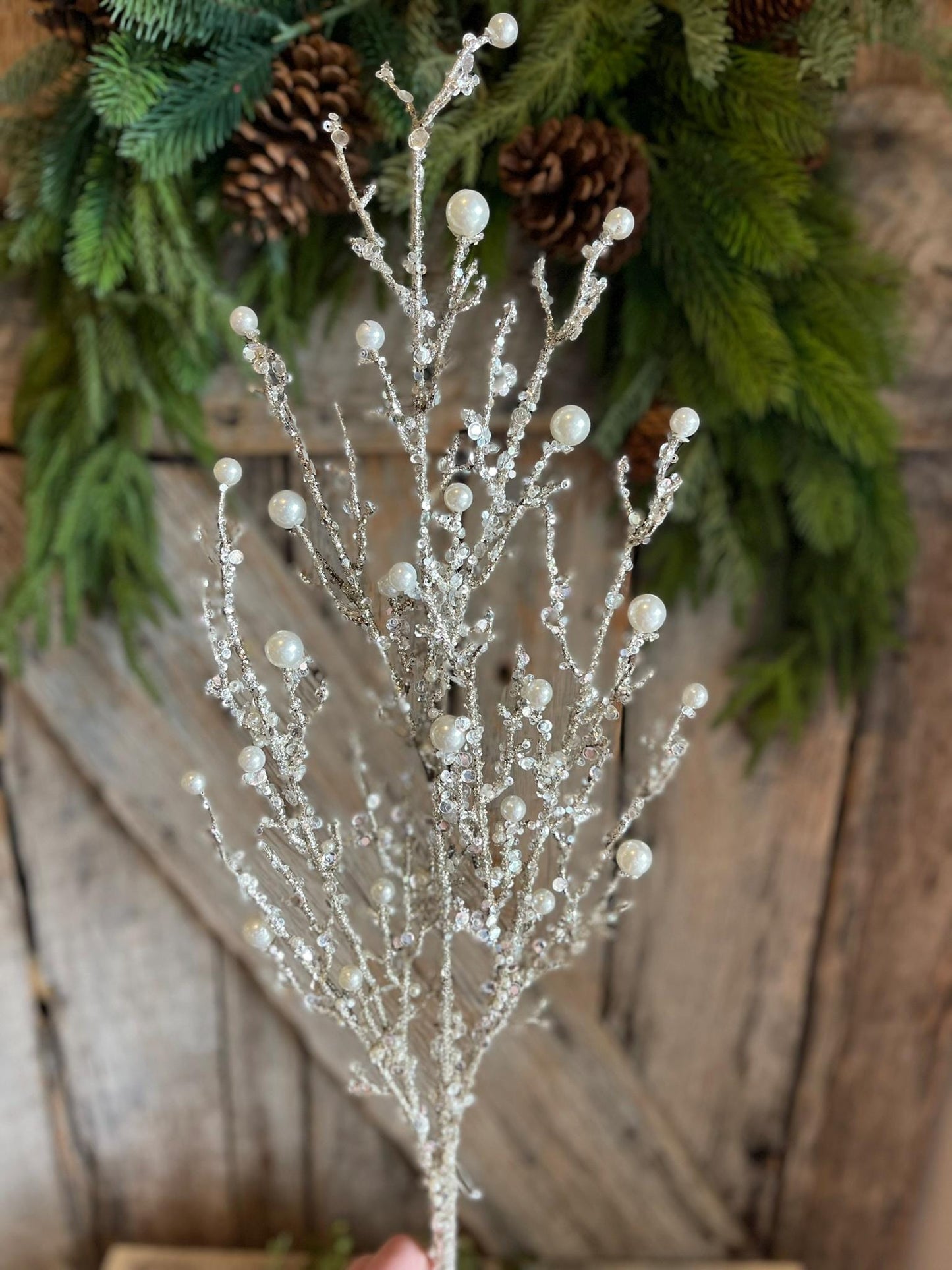 33" Iced Twig Pearl Spray, Christmas Tree Picks & Stems, Christmas Tree Spray
