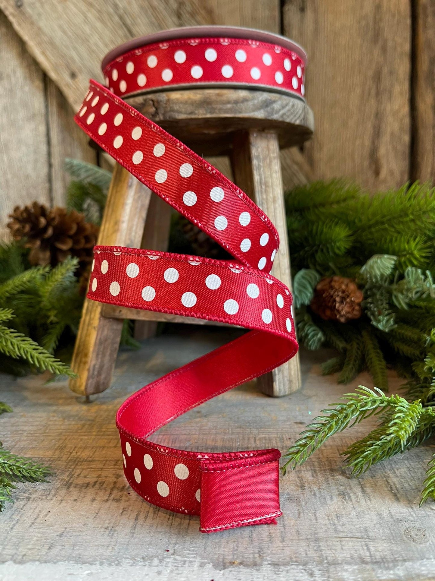 1" Red and White Polka dot ribbon, Farrislk Mini Dots, Christmas Ribbon