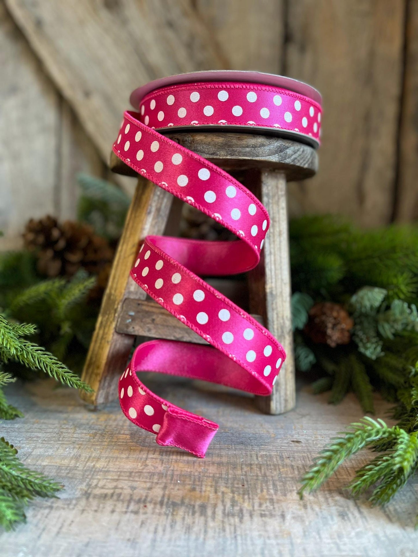 1" Hot Pink Mini Dots, Farrisilk Ribbon, Wired Ribbon,Hot Pink Polka Dot RIbbon