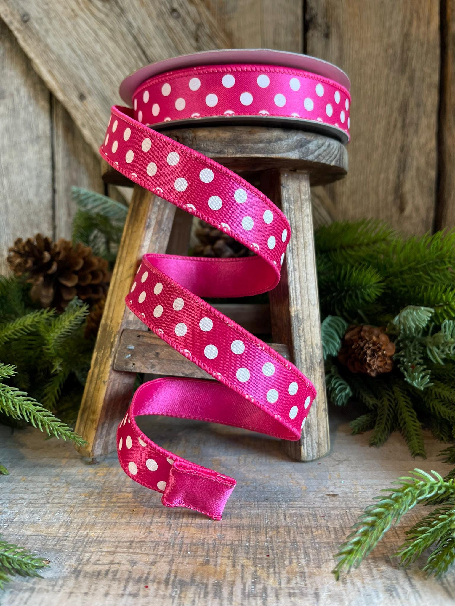 1" Hot Pink Mini Dots, Farrisilk Ribbon, Wired Ribbon,Hot Pink Polka Dot RIbbon