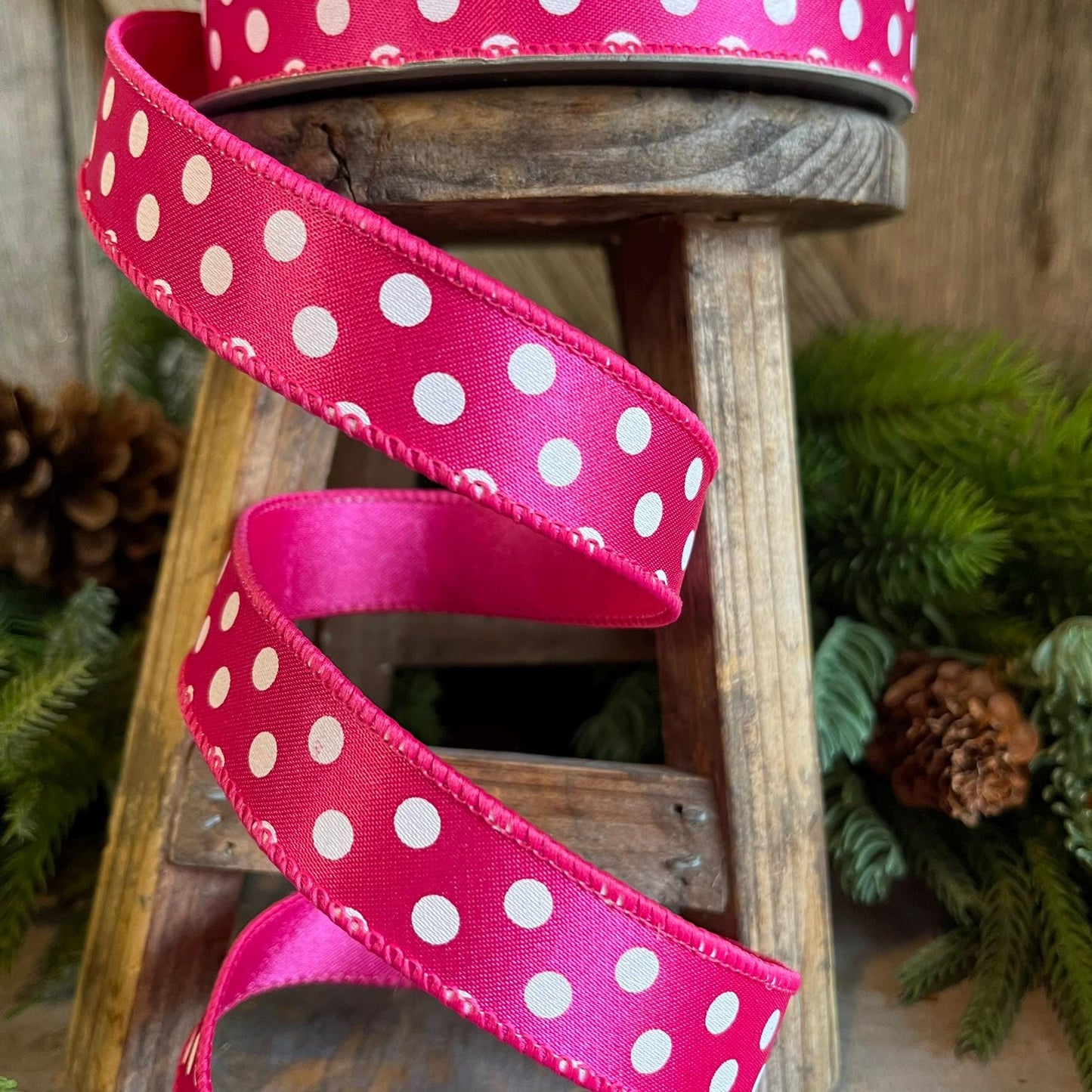 1" Hot Pink Mini Dots, Farrisilk Ribbon, Wired Ribbon,Hot Pink Polka Dot RIbbon