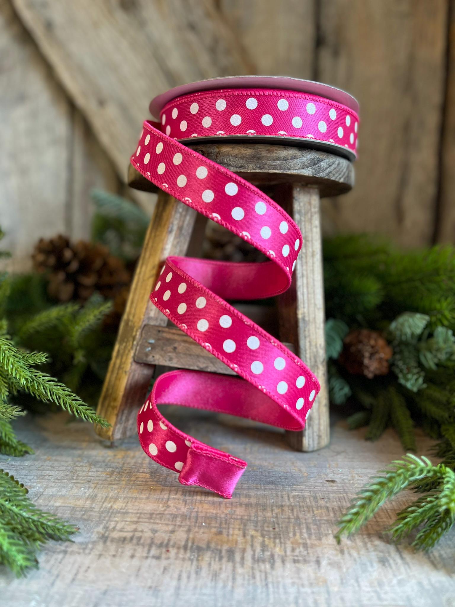 1" Hot Pink Mini Dots, Farrisilk Ribbon, Wired Ribbon,Hot Pink Polka Dot RIbbon