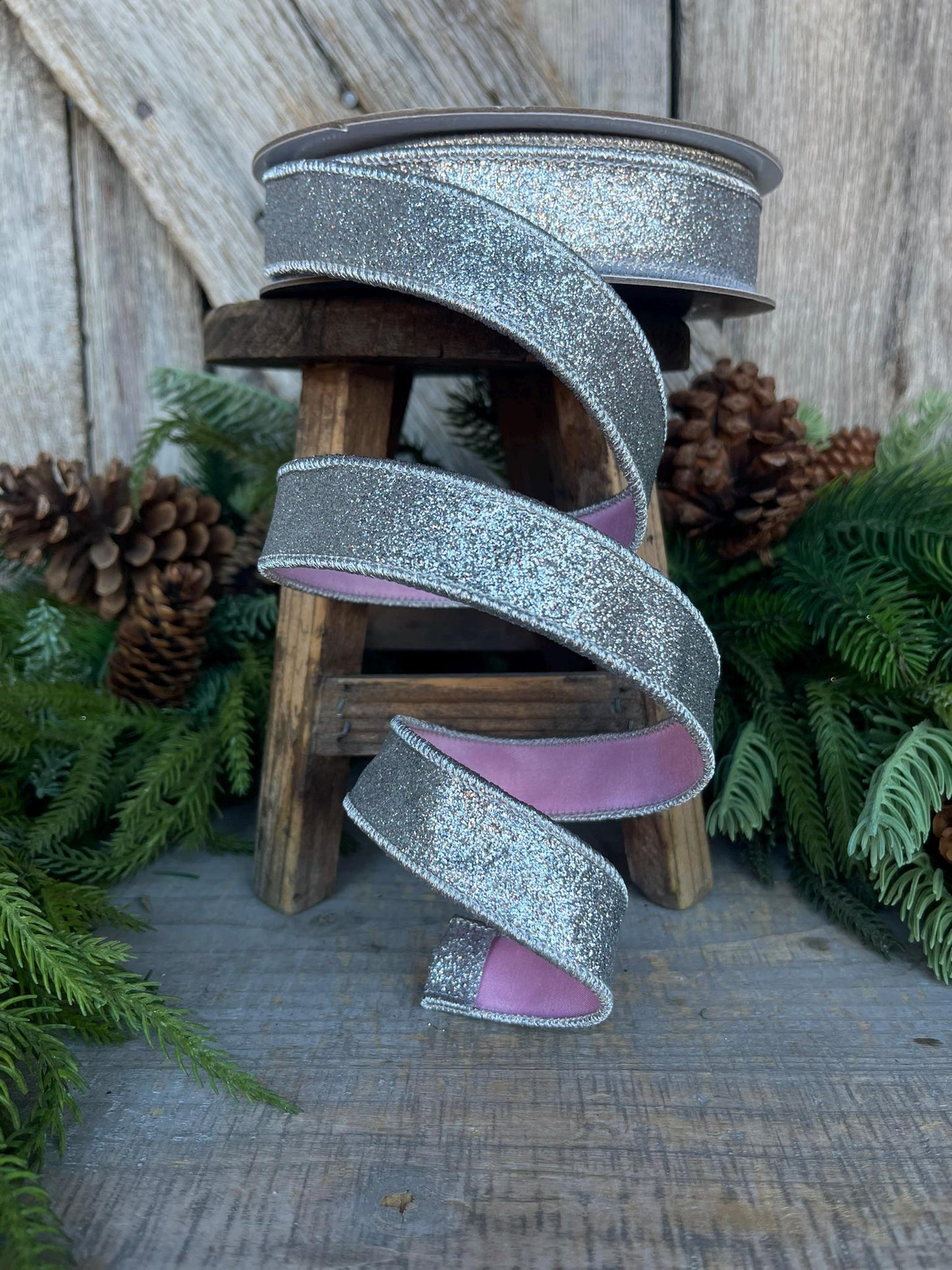 1" Silver Pink Glitter Wired RIbbon, Farrisilk Ribbon, Silver Ribbon