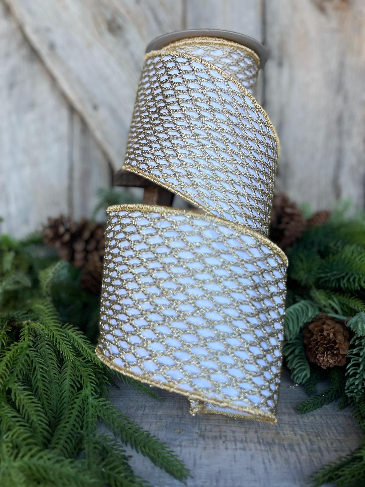 4" White Gold Ribbon, Farrisilk Ribbon, Gold lattice ribbon