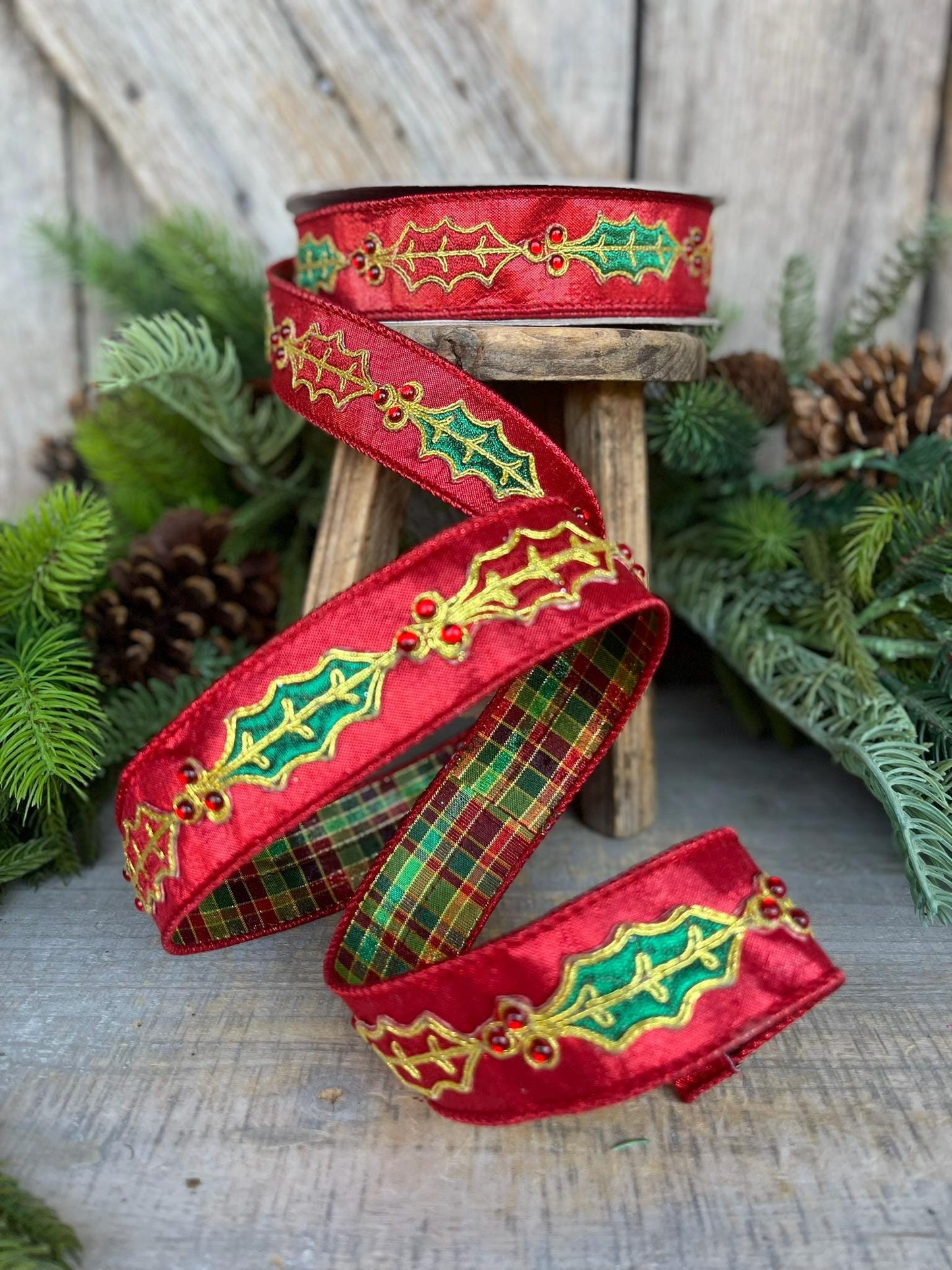 1.5" Red Holly Leaf Ribbon, Farrisilk RIbbon