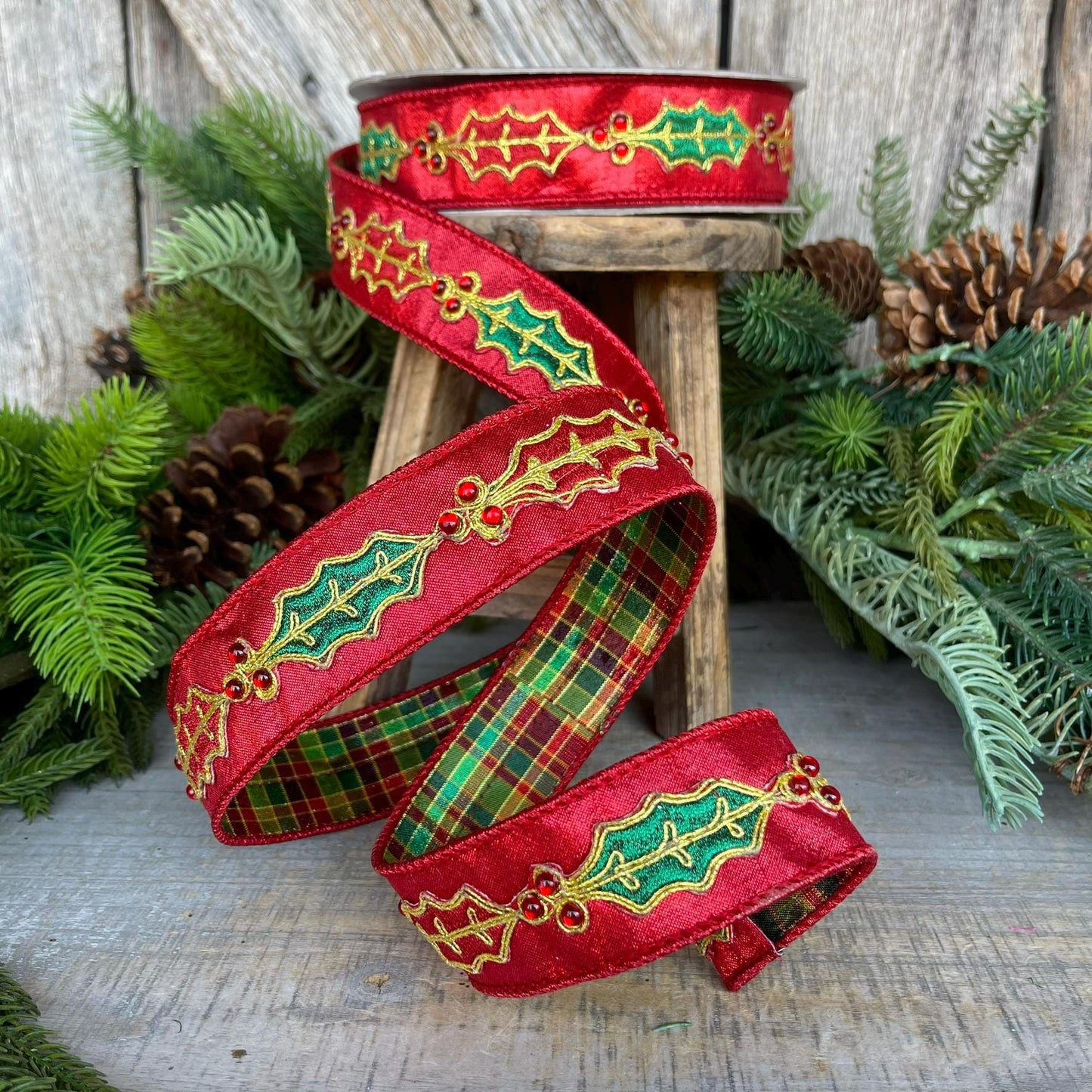 1.5" Red Holly Leaf Ribbon, Farrisilk RIbbon