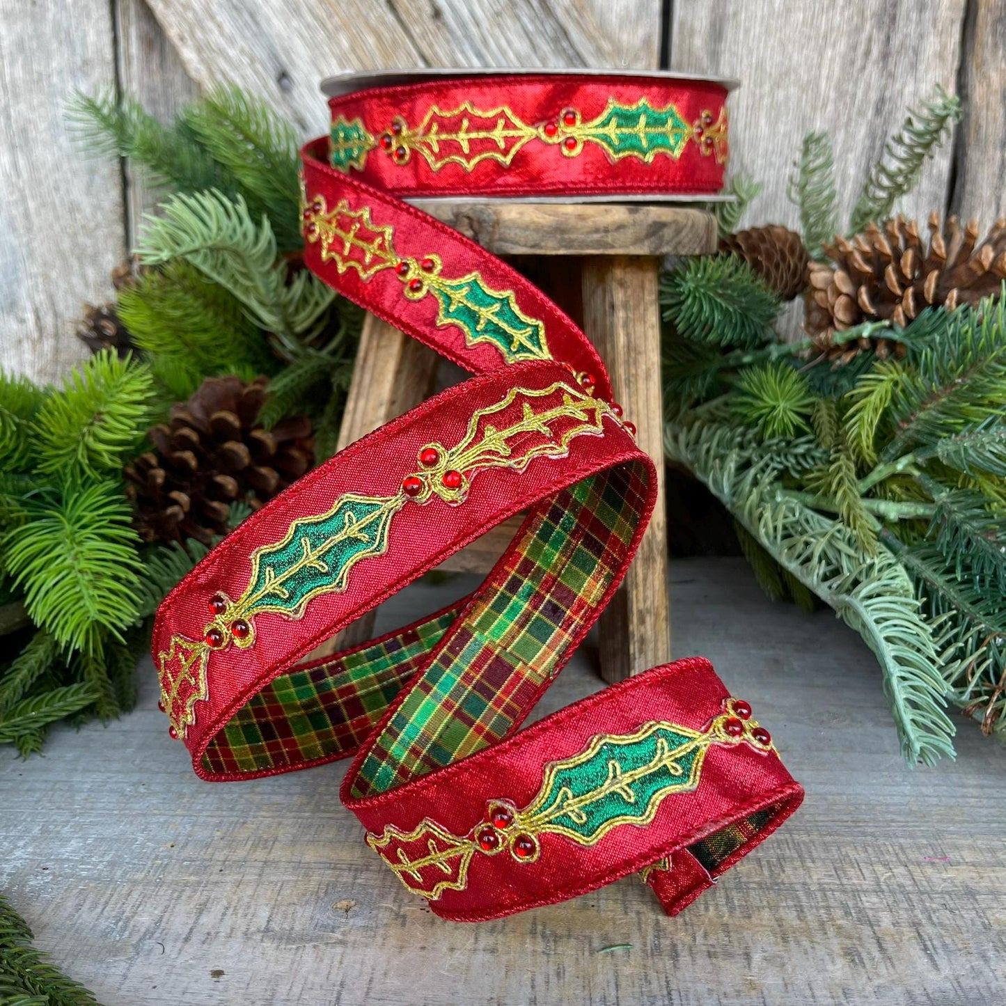1.5" Red Holly Leaf Ribbon, Farrisilk RIbbon