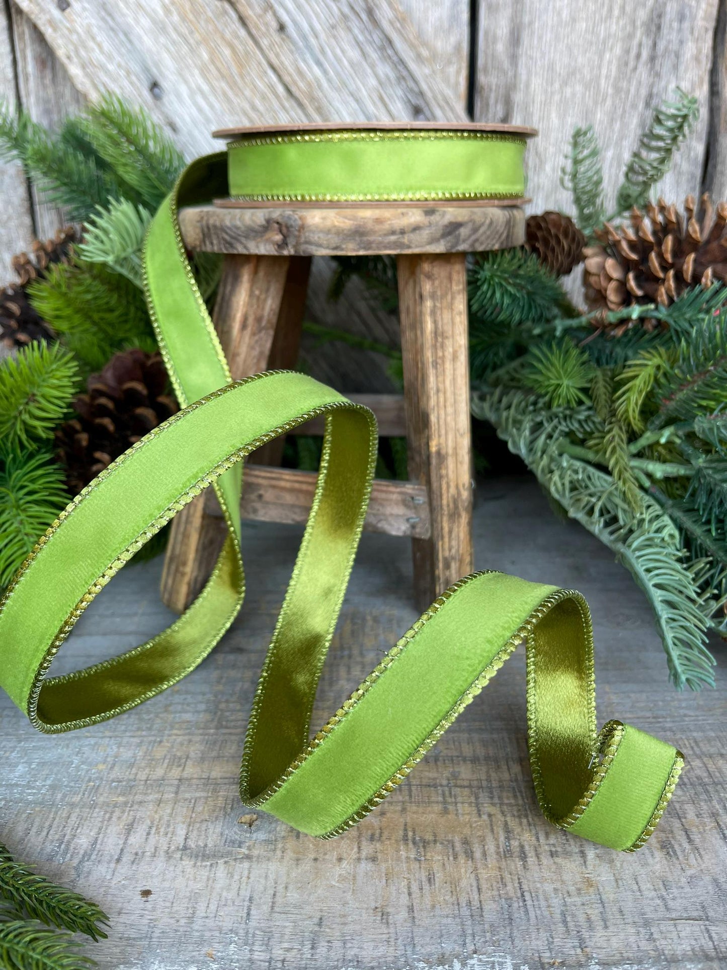 1" Lime Green Velvet Ribbon, Lime Green Velvet Ribbon, Christmas RIbbon