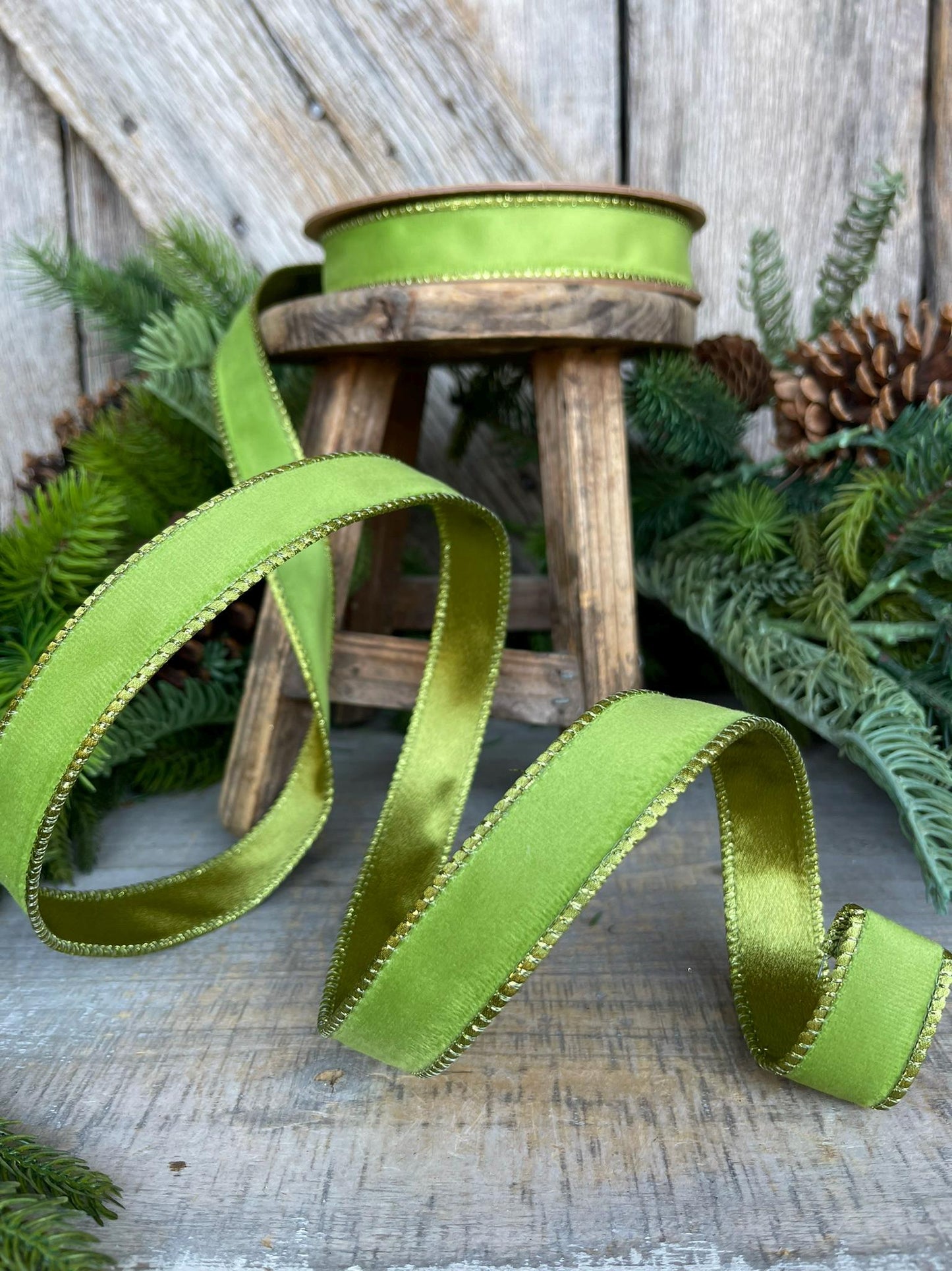 1" Lime Green Velvet Ribbon, Lime Green Velvet Ribbon, Christmas RIbbon