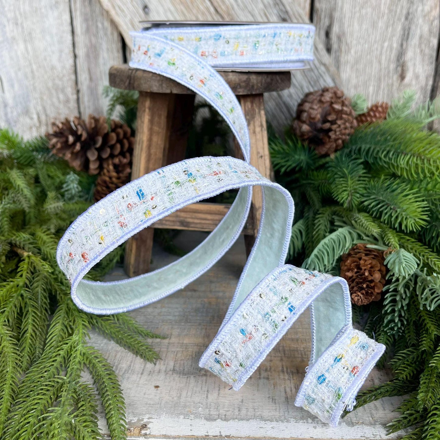 1" White Confetti Tweed Ribbon, Farrisilk Ribbon, Christmas Ribbon