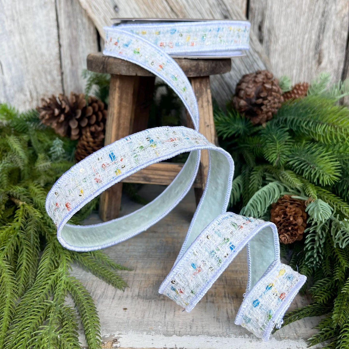 1" White Confetti Tweed Ribbon, Farrisilk Ribbon, Christmas Ribbon