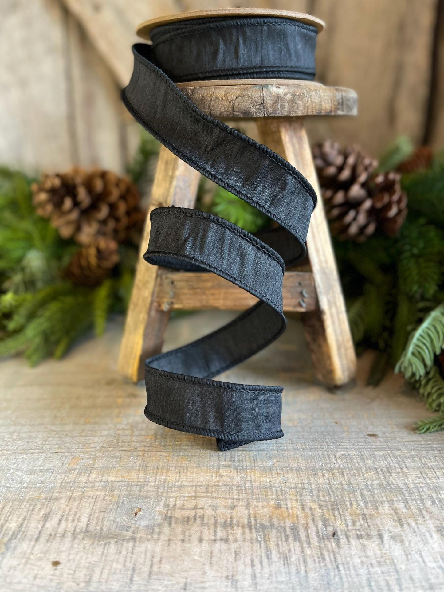 1" Black Dupioni Ribbon, Black WIred Ribbon, Fall Ribbon