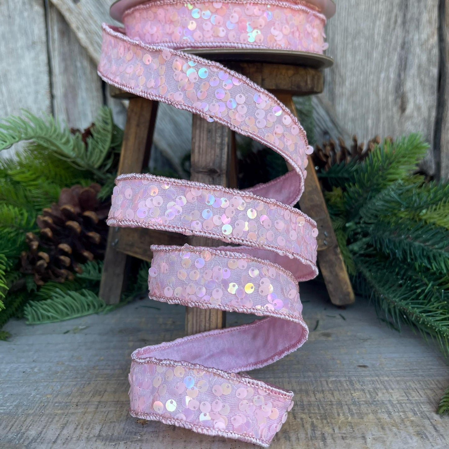 1" Pink Sequin Ribbon, Wired Ribbon