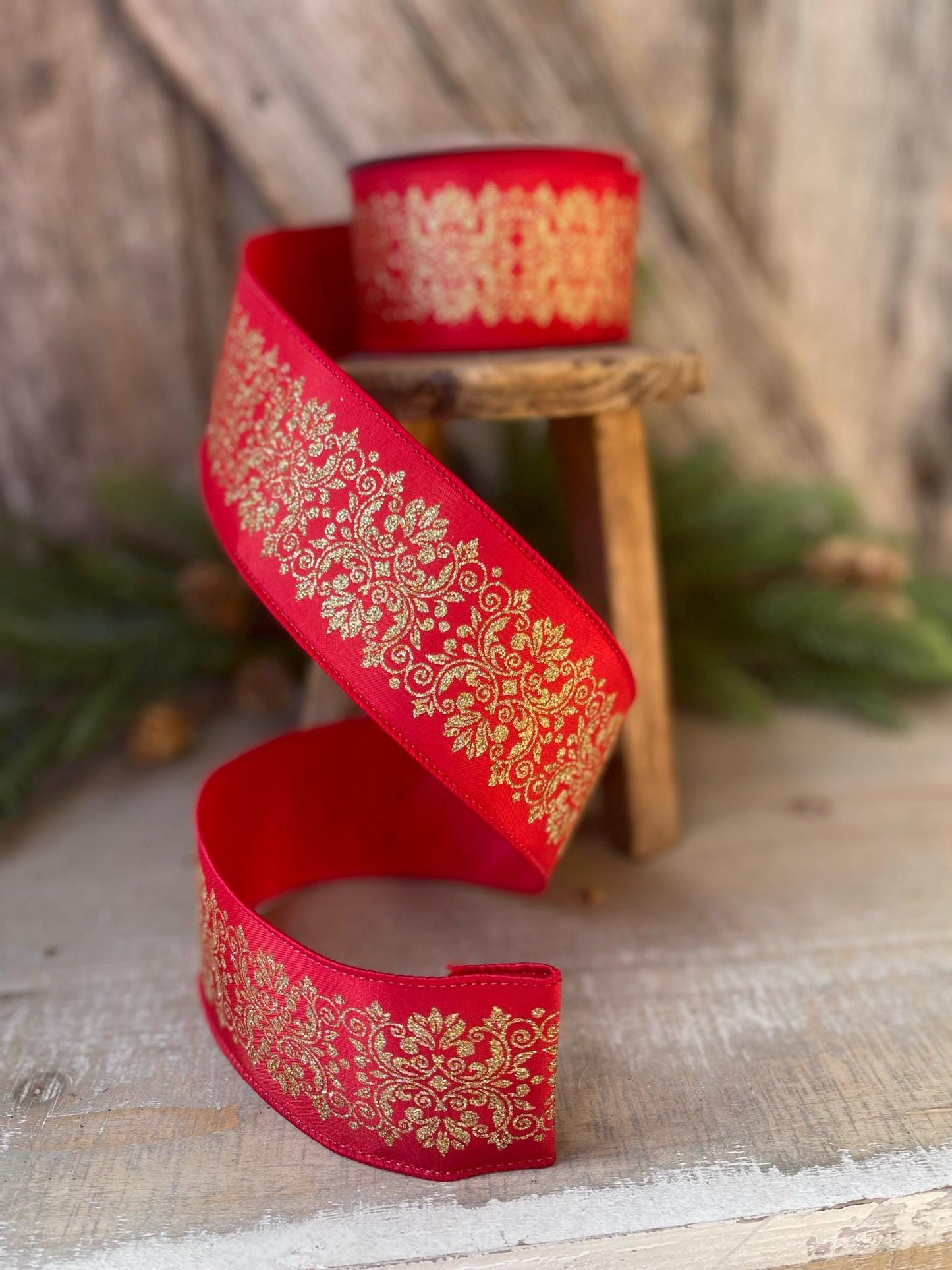 2.5" Farrisilk Red and Gold Kingston Manor Wired Ribbon, Red Gold Christmas Ribbon, Ribbon for Christmas Tree