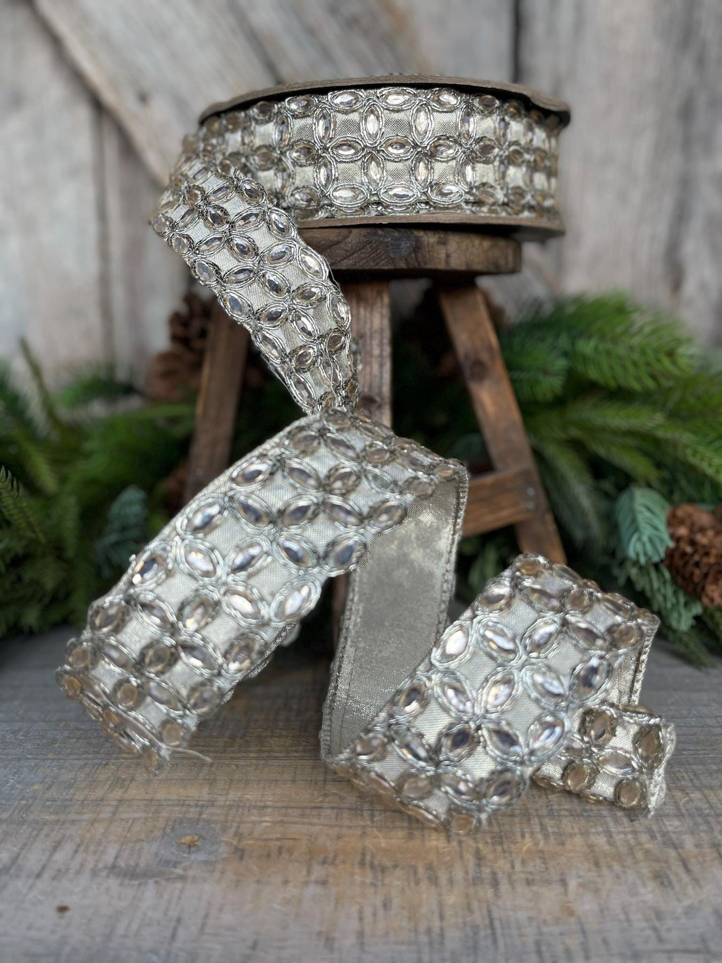 1.5" Platinum Jeweled ribbon, farrisilk ribbon, silver jeweled ribbon