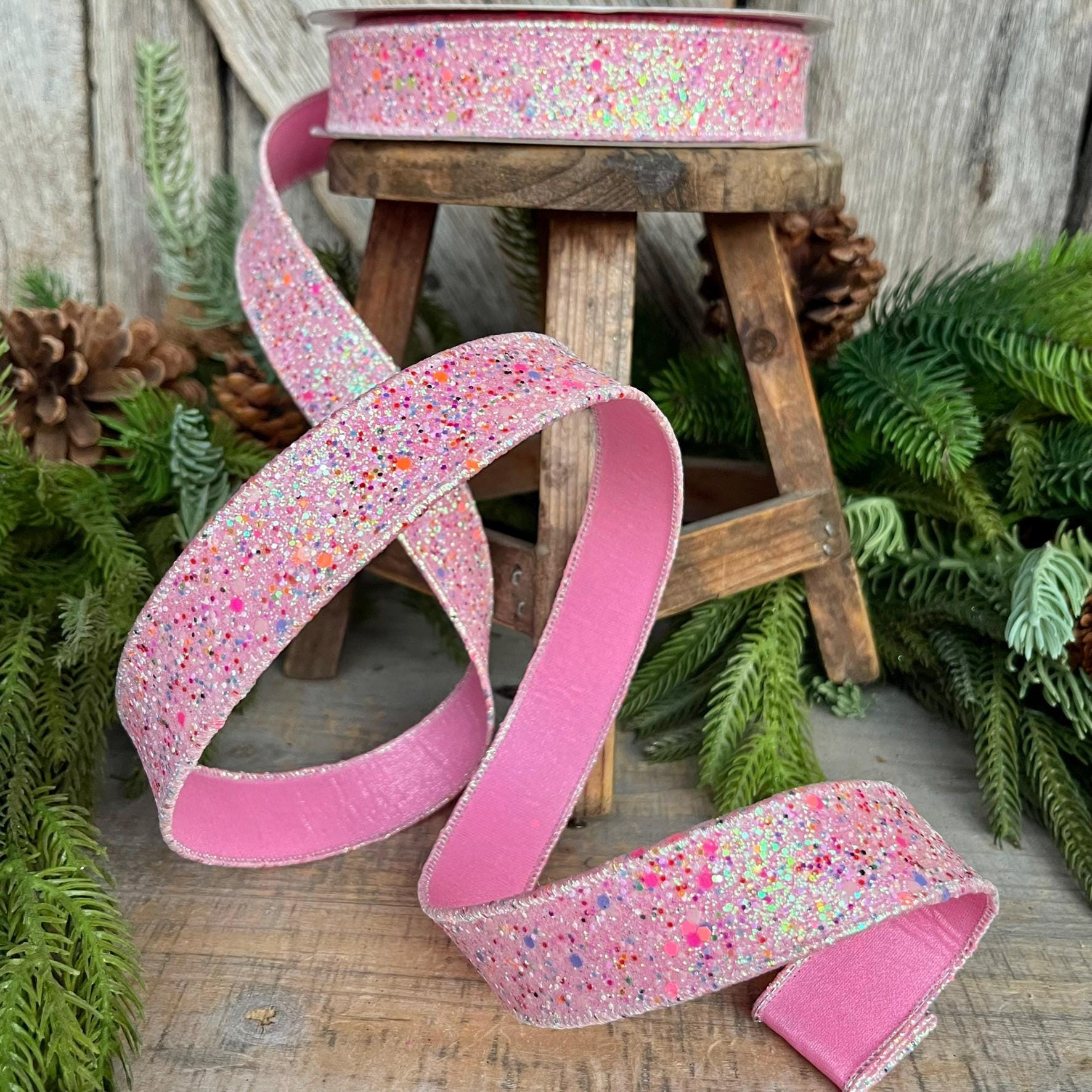1" Pink Fairy Dust Ribbon, Farrisilk Ribbon, Pink Glitter RIbbon