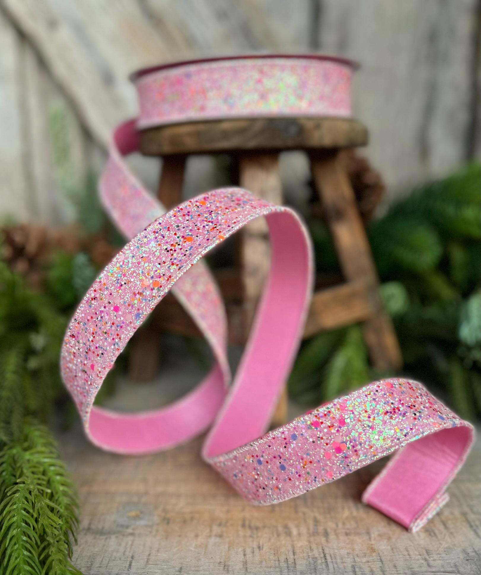 1" Pink Fairy Dust Ribbon, Farrisilk Ribbon, Pink Glitter RIbbon