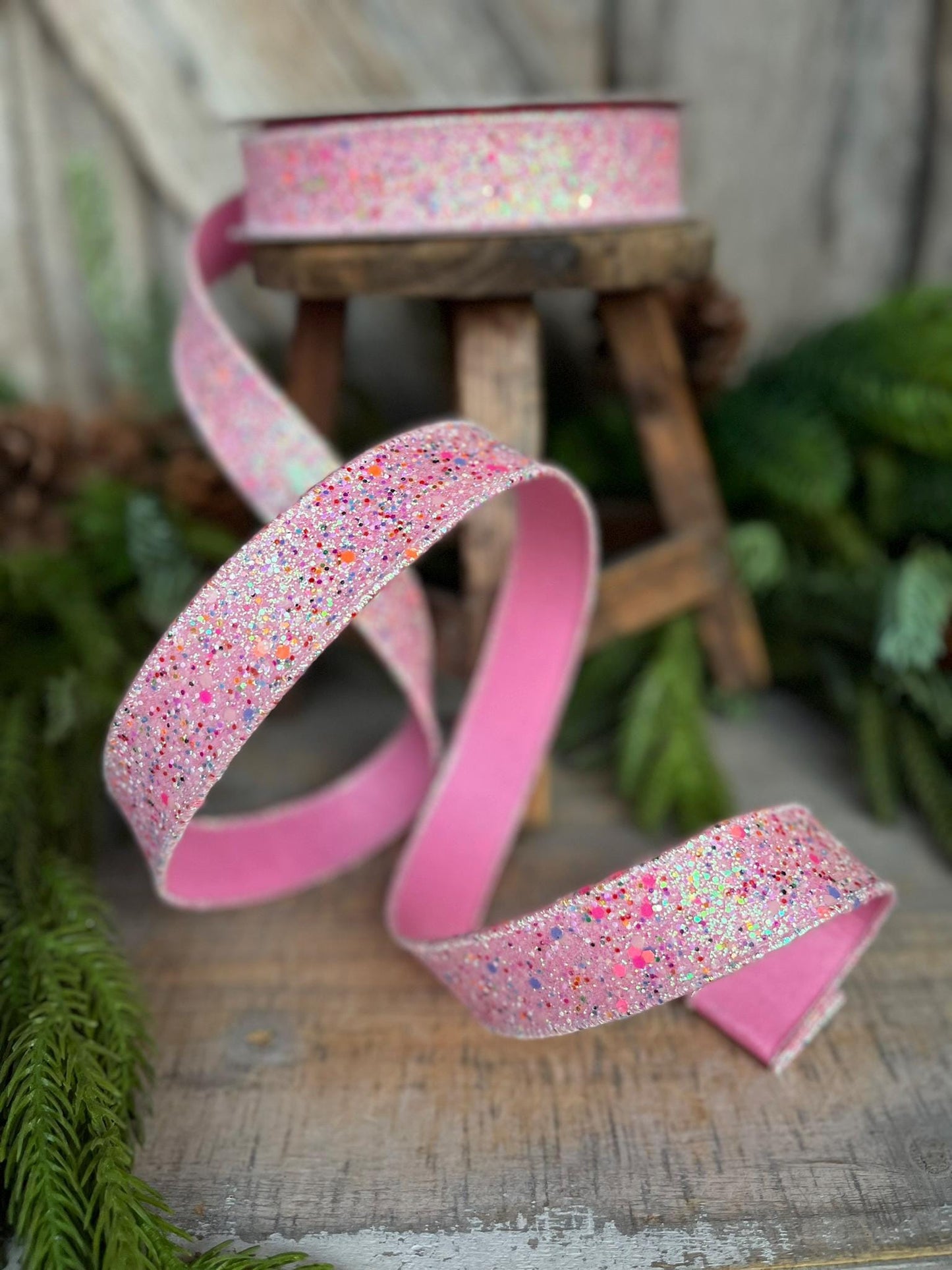 1" Pink Fairy Dust Ribbon, Farrisilk Ribbon, Pink Glitter RIbbon