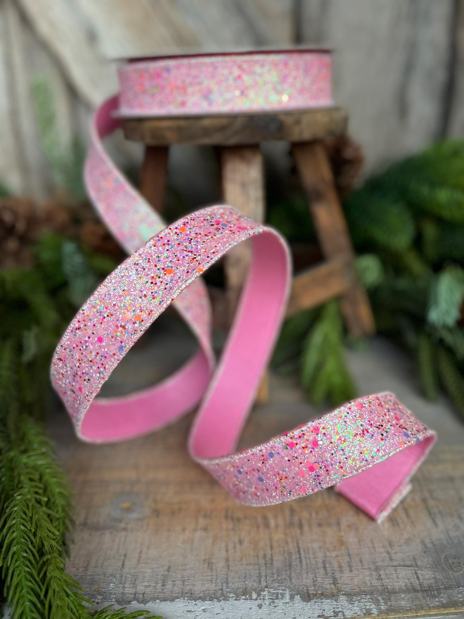 1" Pink Fairy Dust Ribbon, Farrisilk Ribbon, Pink Glitter RIbbon
