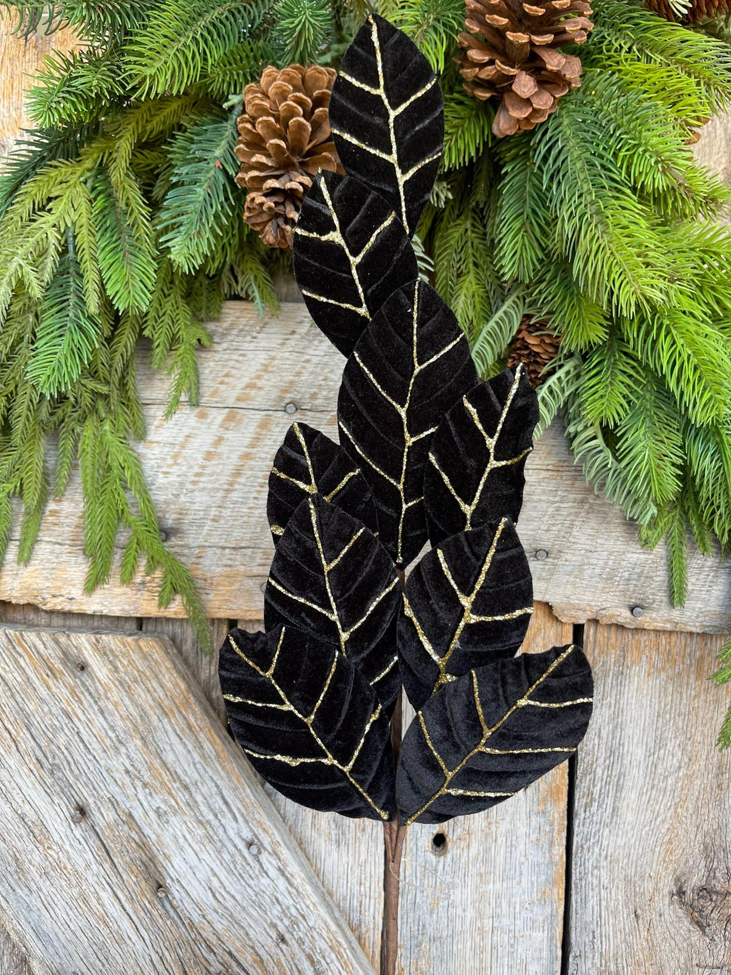 27" Black Velvet Leaf Spray, Black Gold Leaf Spray, Black Floral Spray