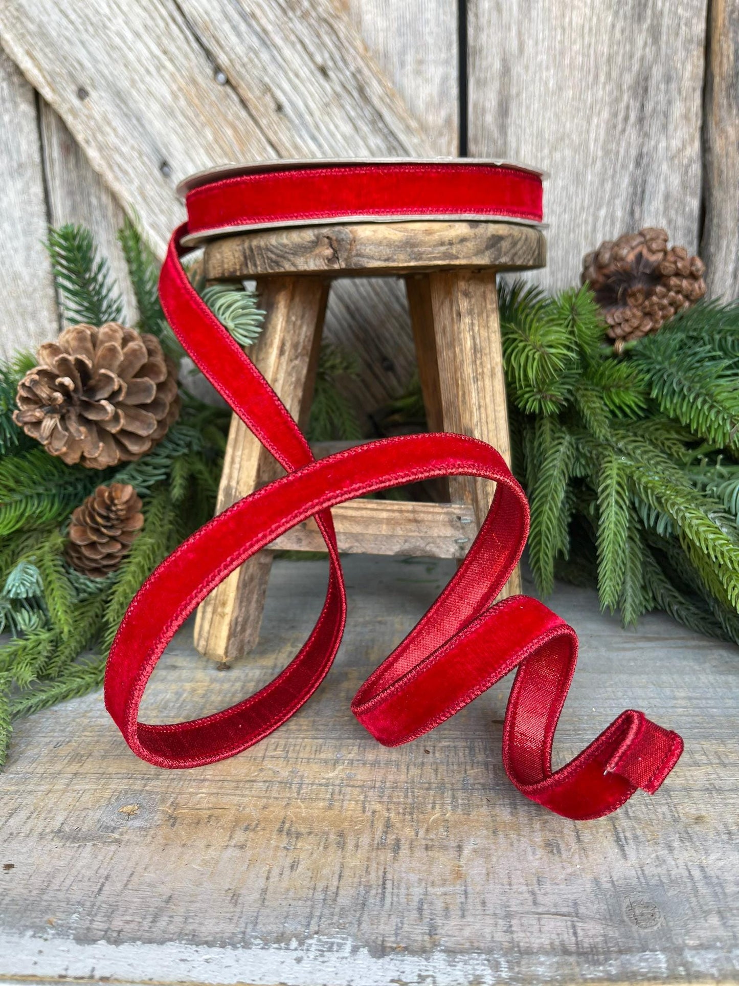 3/4" Red Velvet Luster Wired Ribbon, Farrisilk Ribbon, Velvet Ribbon