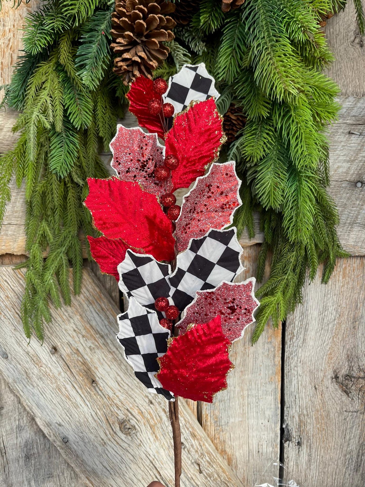 27" Holly Leaf Spray, Black White Check Holly Leaf Spray, Red Holly Leaf Spray