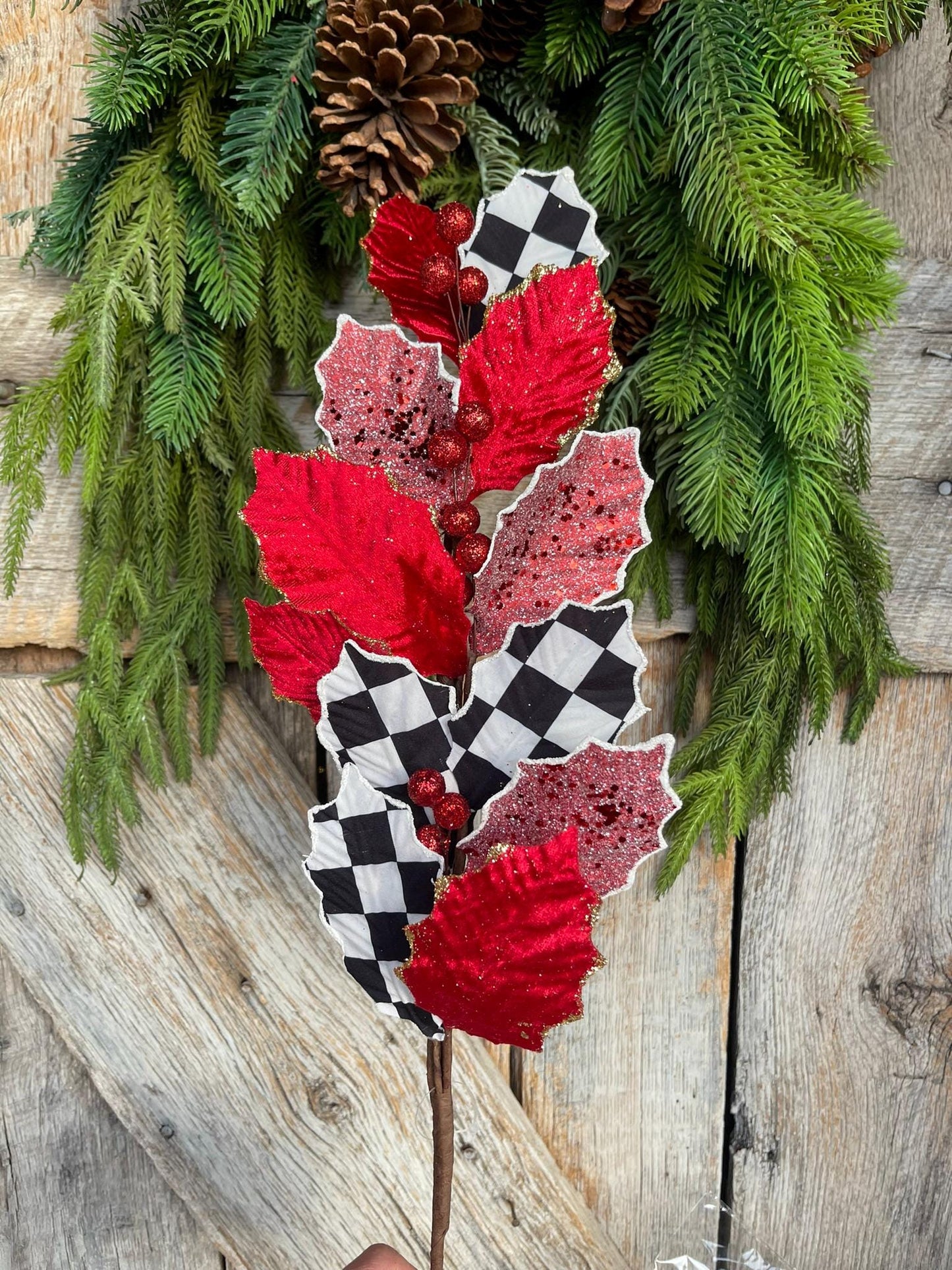 27" Holly Leaf Spray, Black White Check Holly Leaf Spray, Red Holly Leaf Spray